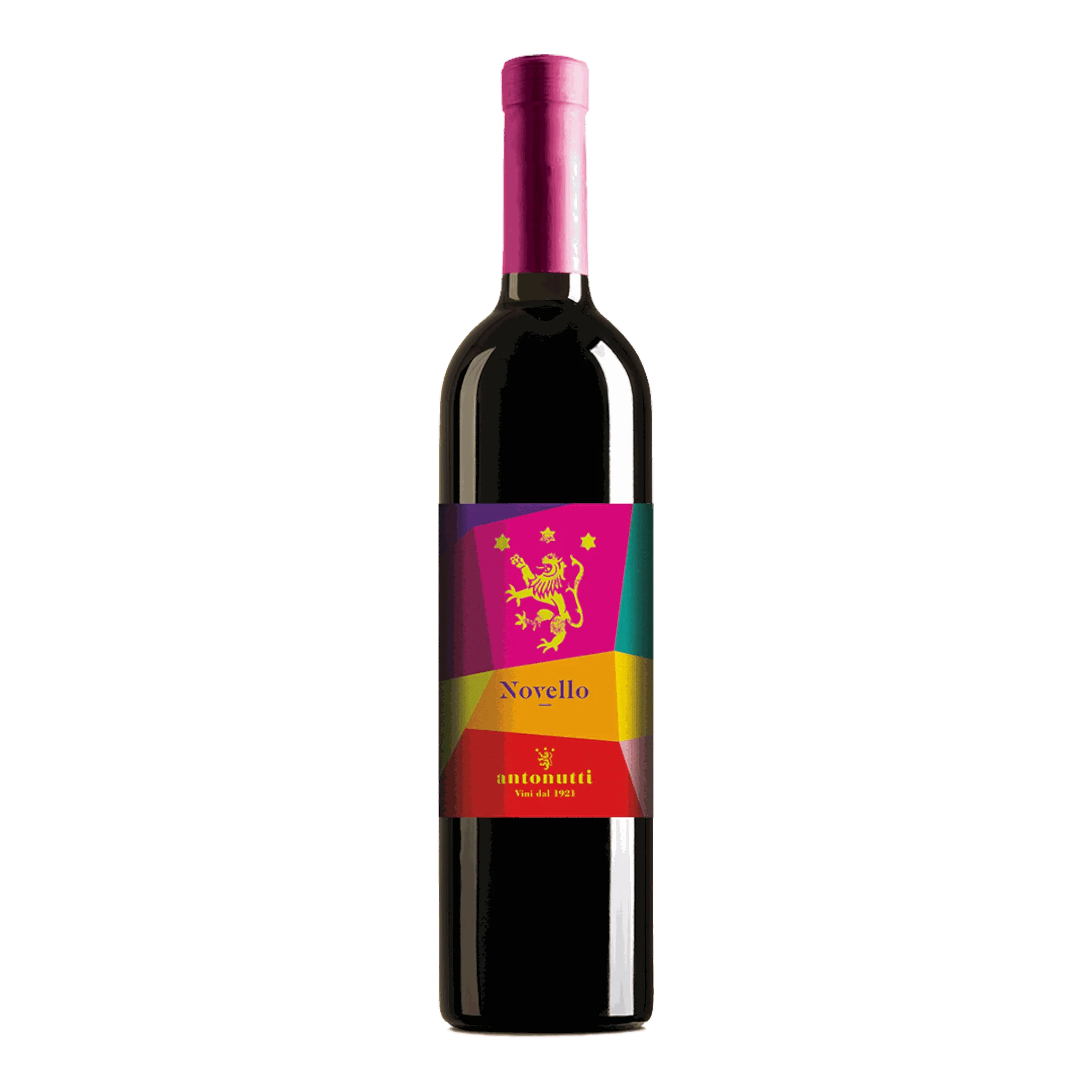 Flasche Rotwein Antonutti Novello Friuli 2024 mit buntem Etikett