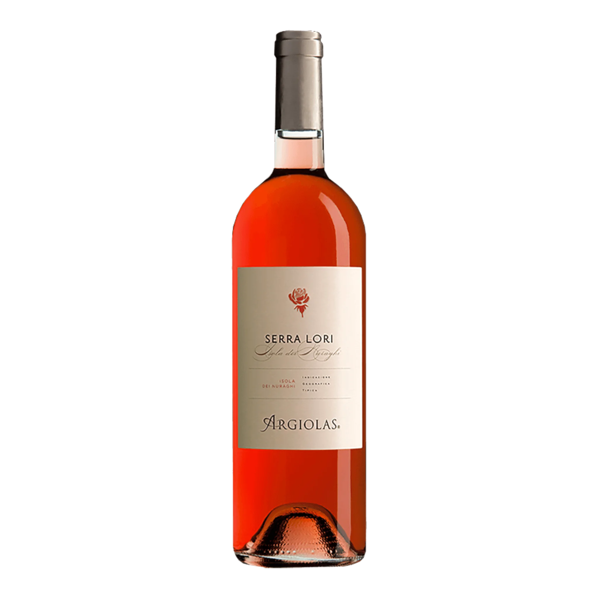 Argiolas Rosé Serra Lori Isola Dei Nuraghi 2023 wine bottle, elegant rosé with brilliant color and fruity aromas.