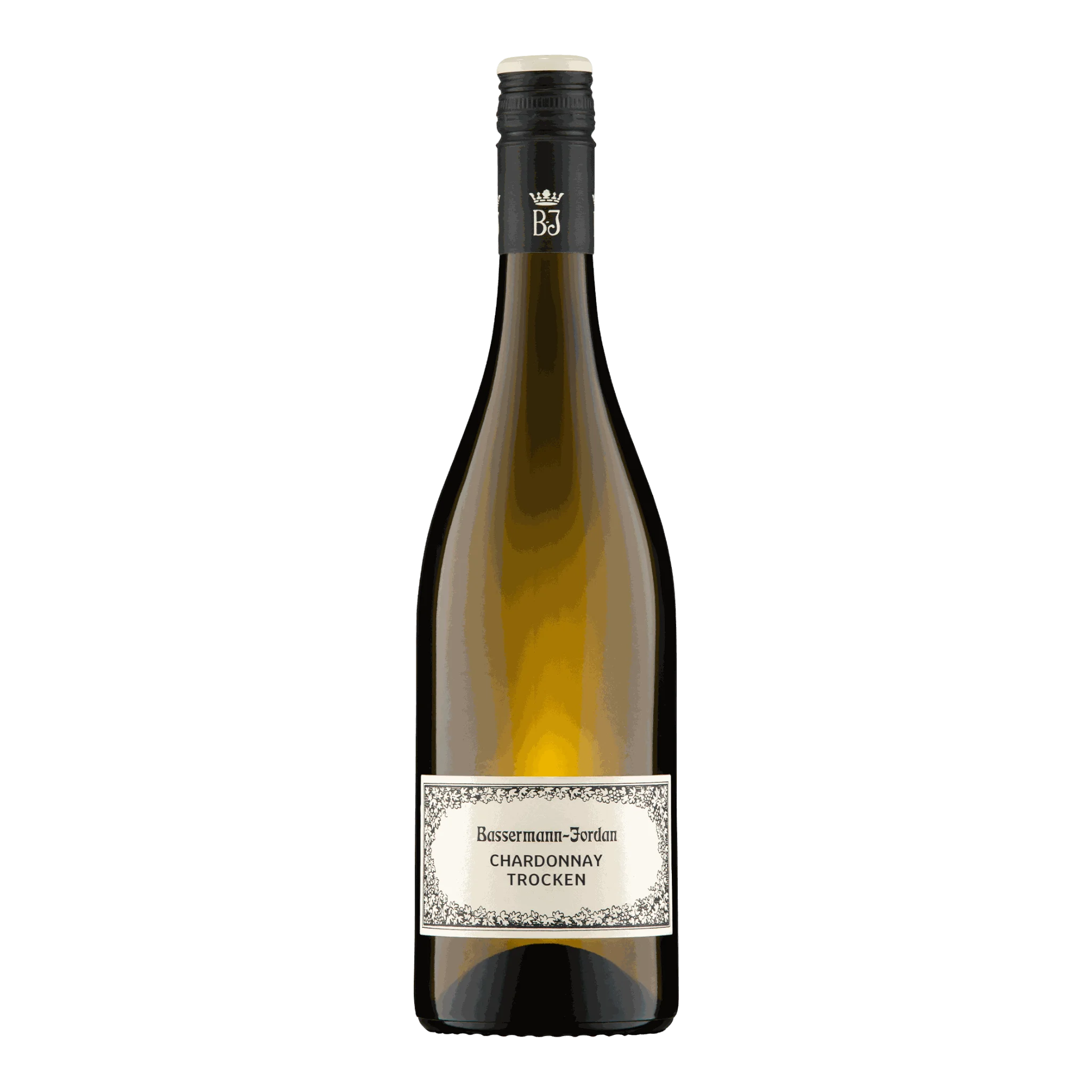 Flasche des Bassermann-Jordan Chardonnay 2023 mit zartem Schmelz im Wein