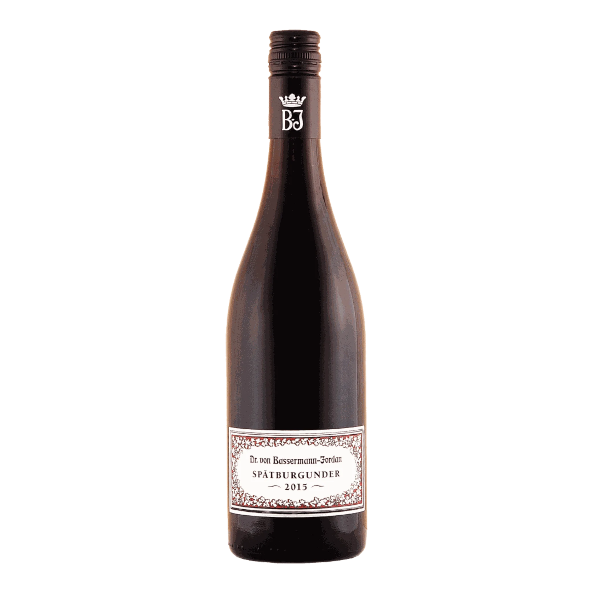 Dunkle Glasweinflasche von Bassermann-Jordan Spätburgunder 2019 mit nussigen Aromen