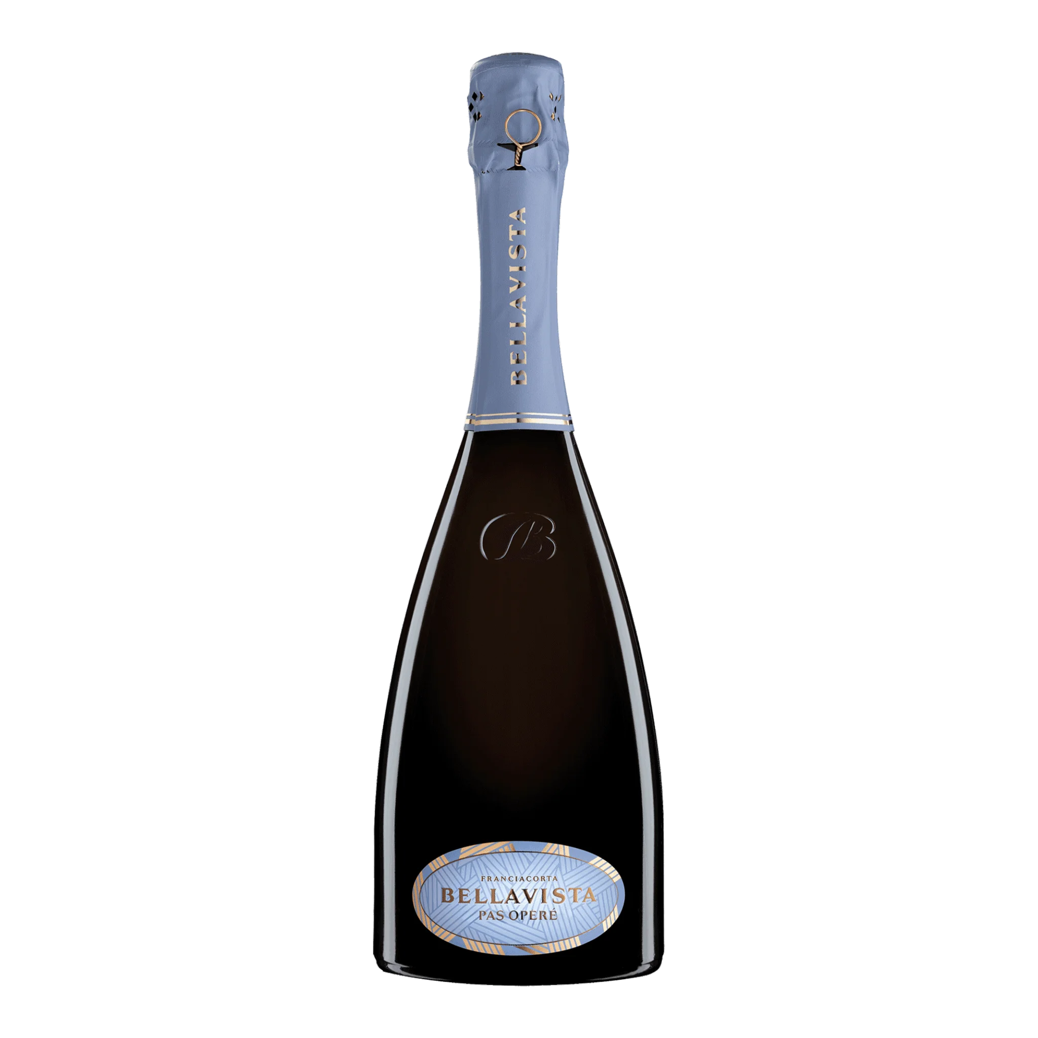 Flasche Bellavista Franciacorta Pas Operé Brut Vintage 2018 auf einem Tisch