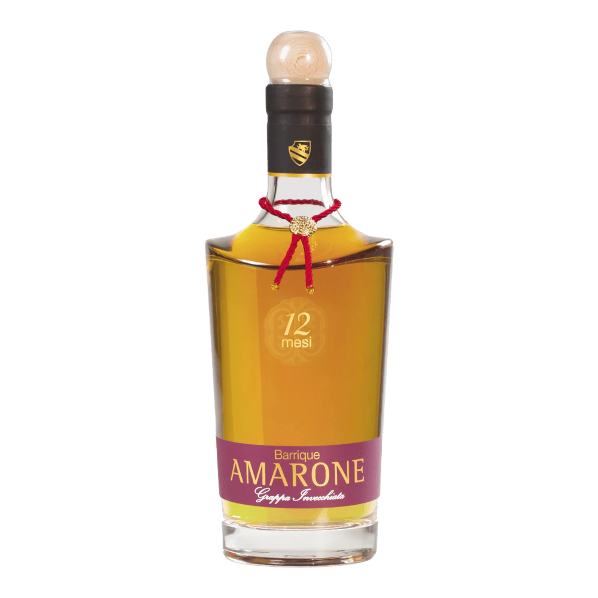 Flasche mit bernsteinfarbenem Beniamino Maschio Grappa Amarone Barrique