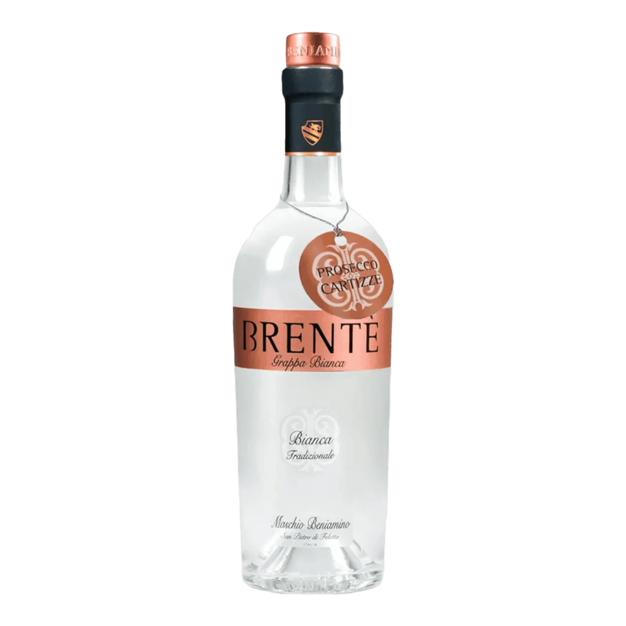 Klare Flasche von Beniamino Maschio Grappa Brentè Bianca Imperiale
