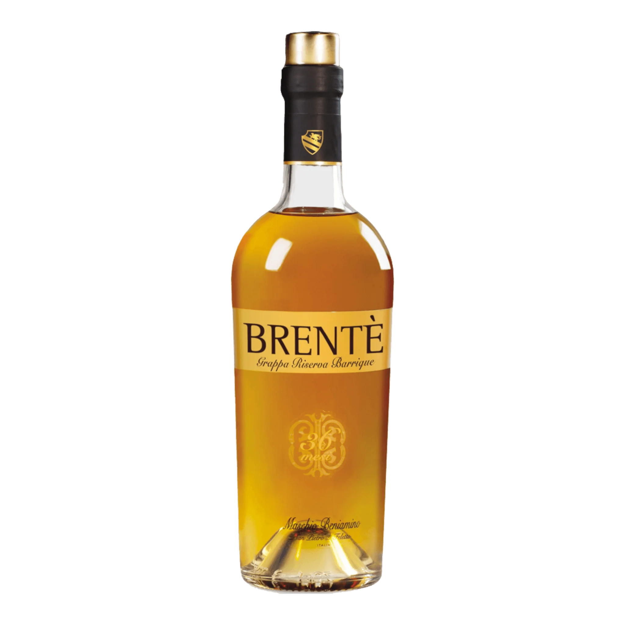 Amber-colored Beniamino Maschio Grappa Brentè Riserva Barrique bottle displayed attractively