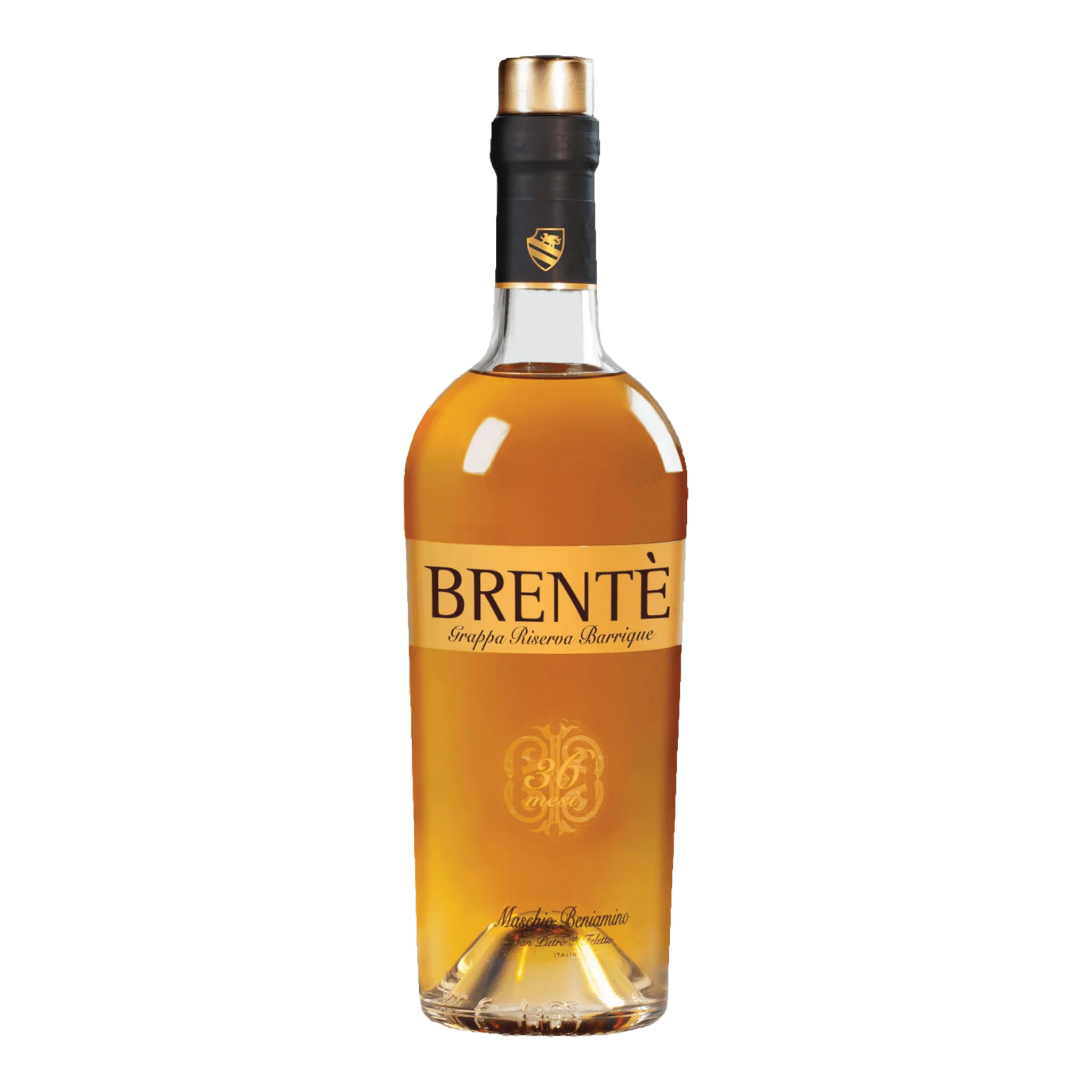 Flasche mit bernsteinfarbener Beniamino Maschio Grappa Brentè Riserva Barrique