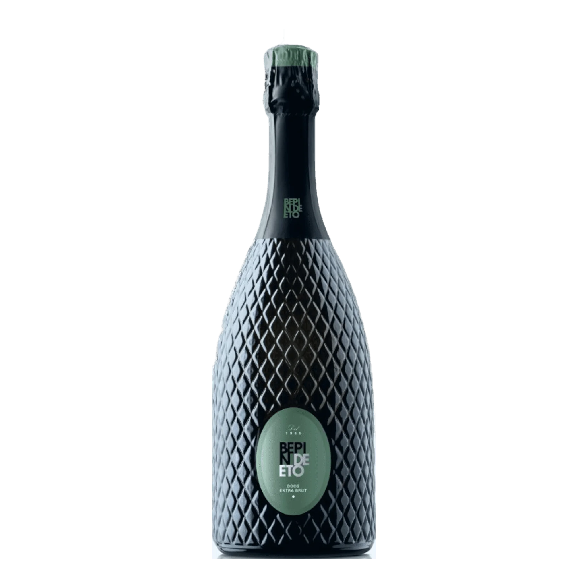 Bepin De Eto Prosecco Brut 2021 bottle with textured black design and green label.