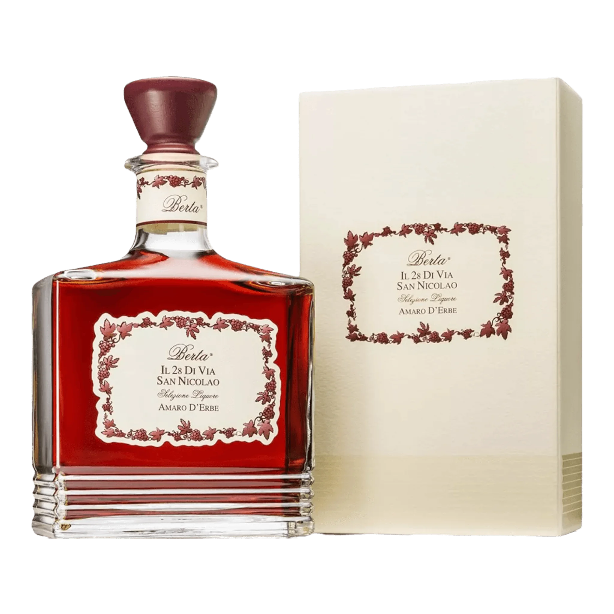 Quadratische Flasche mit Berta Amaro Di Erbe Diberta und passender Box