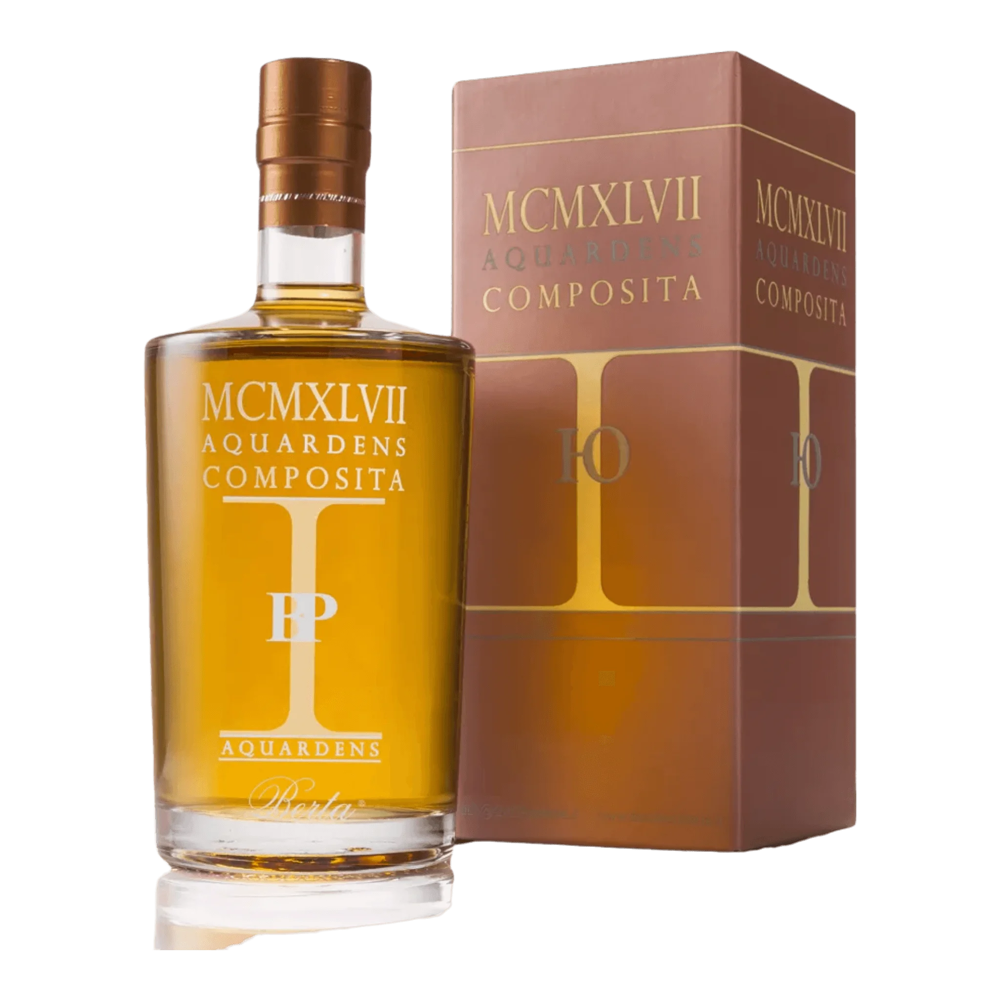 Amberfarbene Spirituosenflasche mit passender Box von Berta Assemblage Mcmxlvii