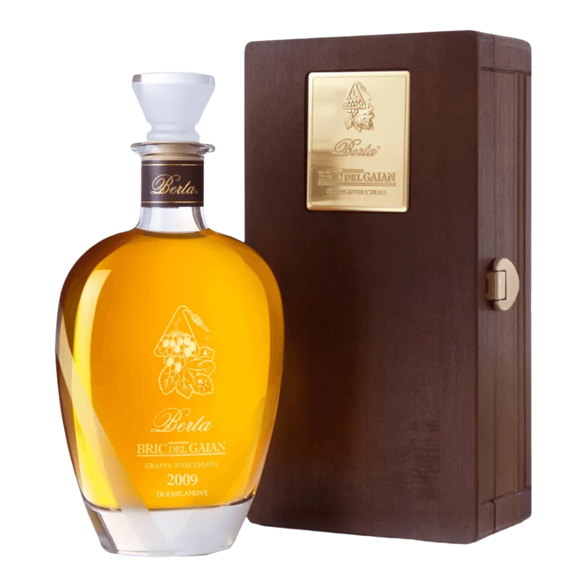 Amberfarbige Flasche mit Holzkiste von Berta Grappa Bric Del Gaian aus Mombaruzzo d’Asti