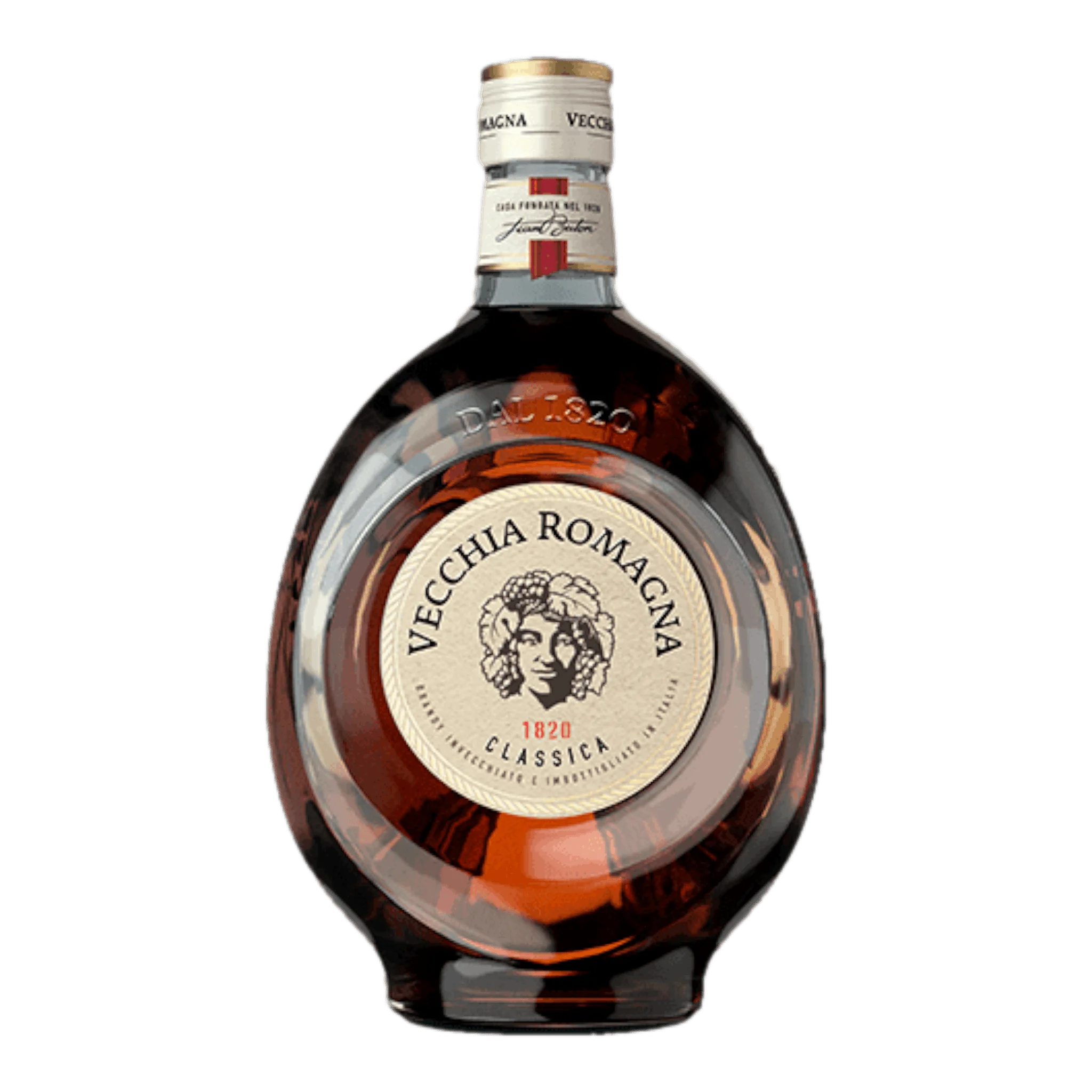Berta Grappa Elisi mit einer Flasche Vecchia Romagna Brandys im Vordergrund