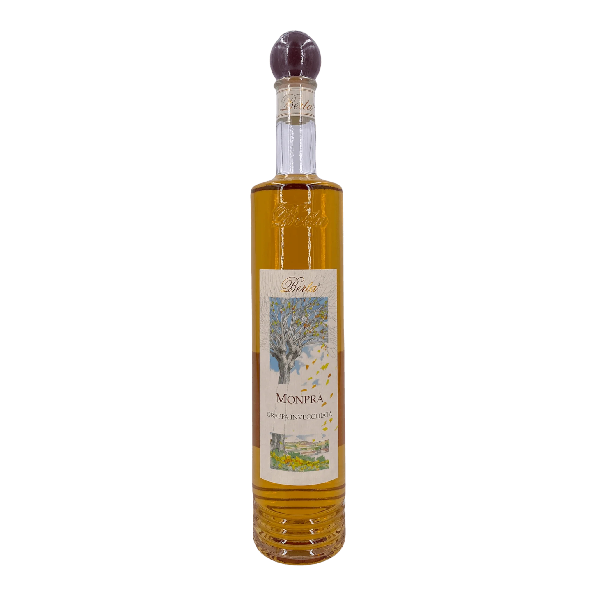 Amberfarbene Berta Grappa Monprà Flasche, ideal für Liebhaber feiner Grappa