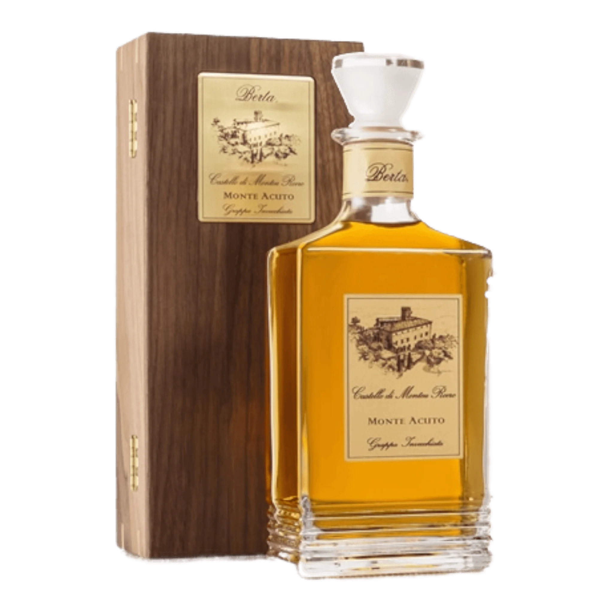 Quadratische Flasche mit Bernsteingrappa und Holzbox von Berta Grappa Monte Acuto