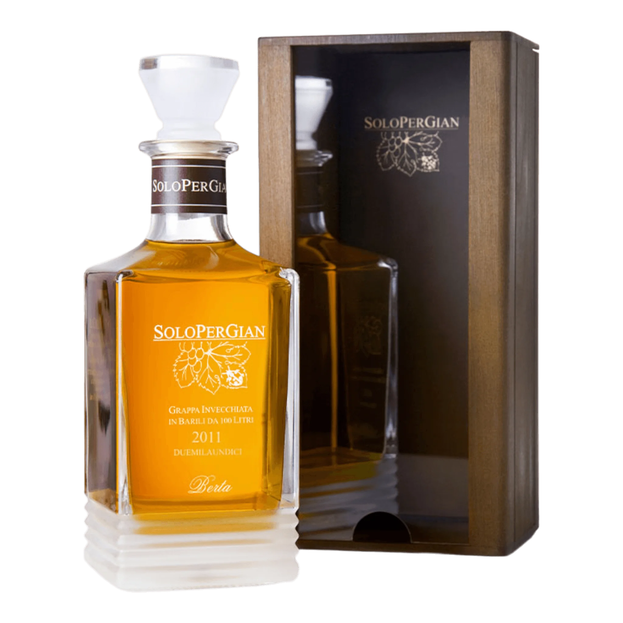 Quadratische Flasche mit Bernsteingrappa und Kristallverschluss in Holzbox von Berta Grappa Solopergian