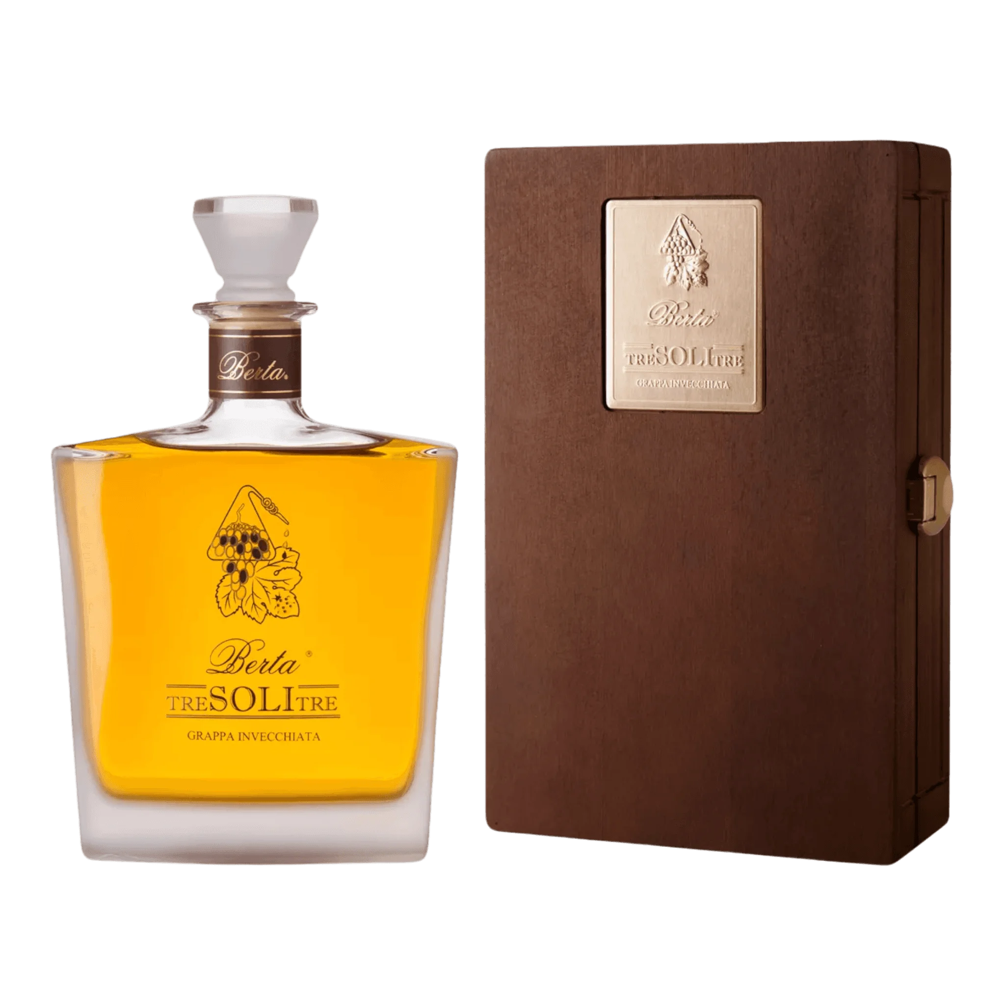 Quadratische Flasche mit Berta Grappa Tre Soli Tre in schickem, braunem Präsentationskasten