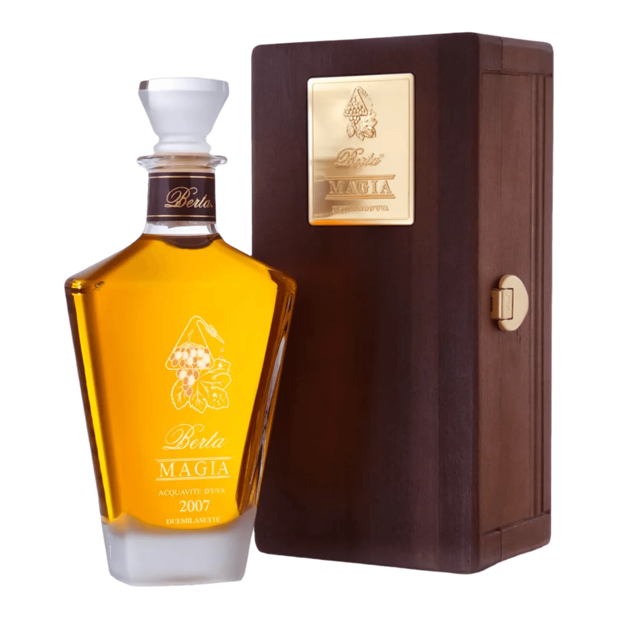 Amber Liquor Bottle mit Holzcase von Berta Trauben Edelbrand Magia