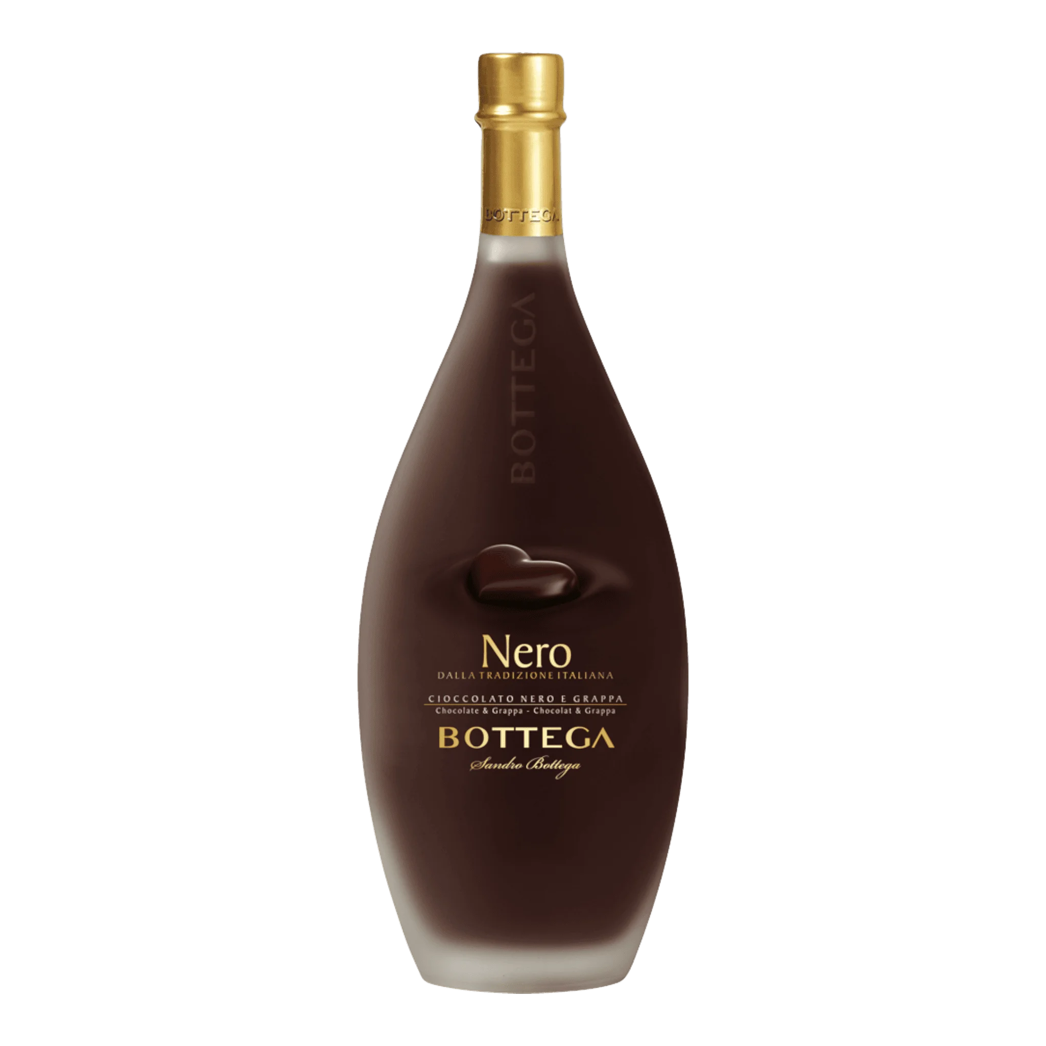 Schokoladenlikör Nero in schokoladiger Flasche mit goldenem Deckel von Bottega