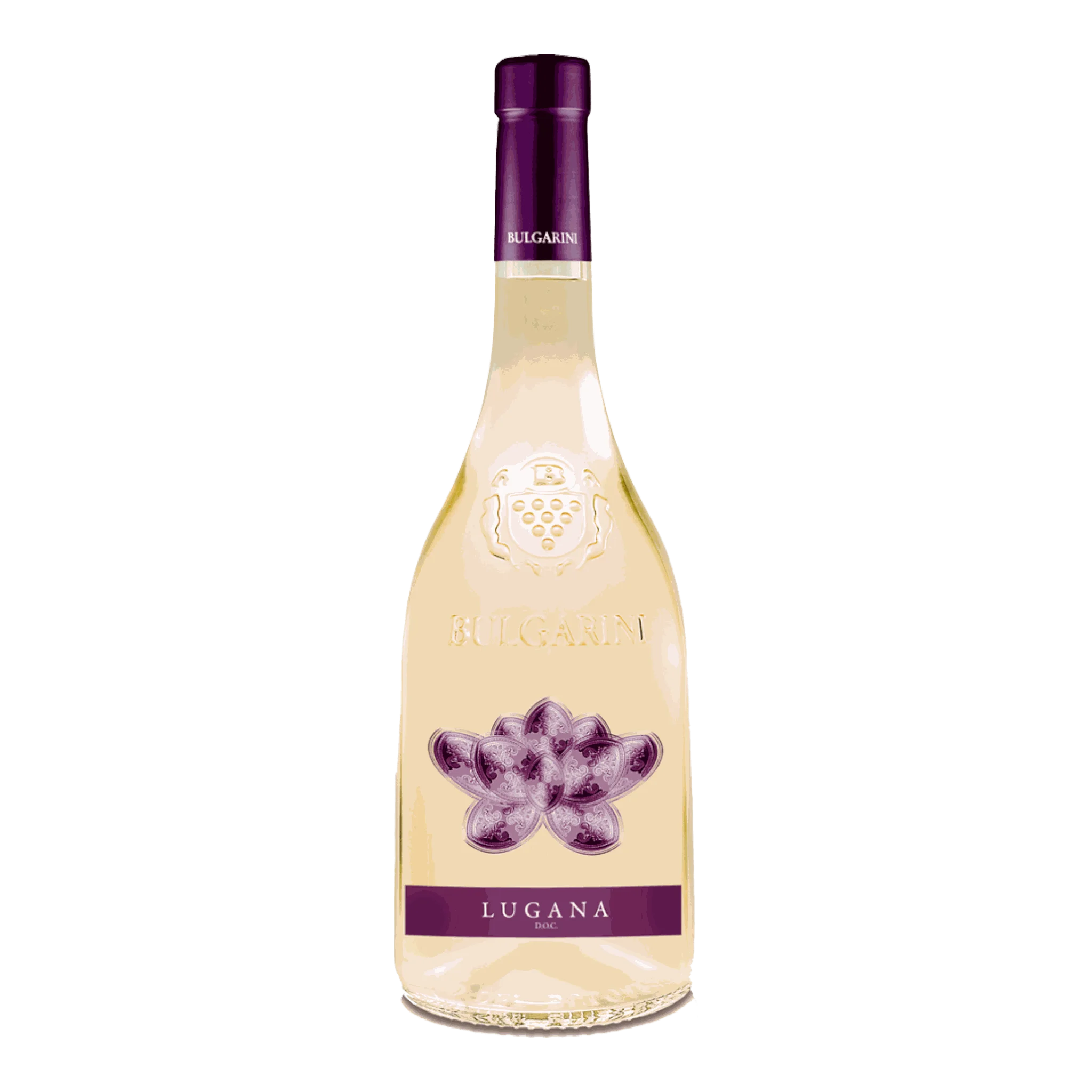 Weißweinflasche Bulgarini Bianco Fiore 2023 mit lila Akzenten und blumigen Nuancen