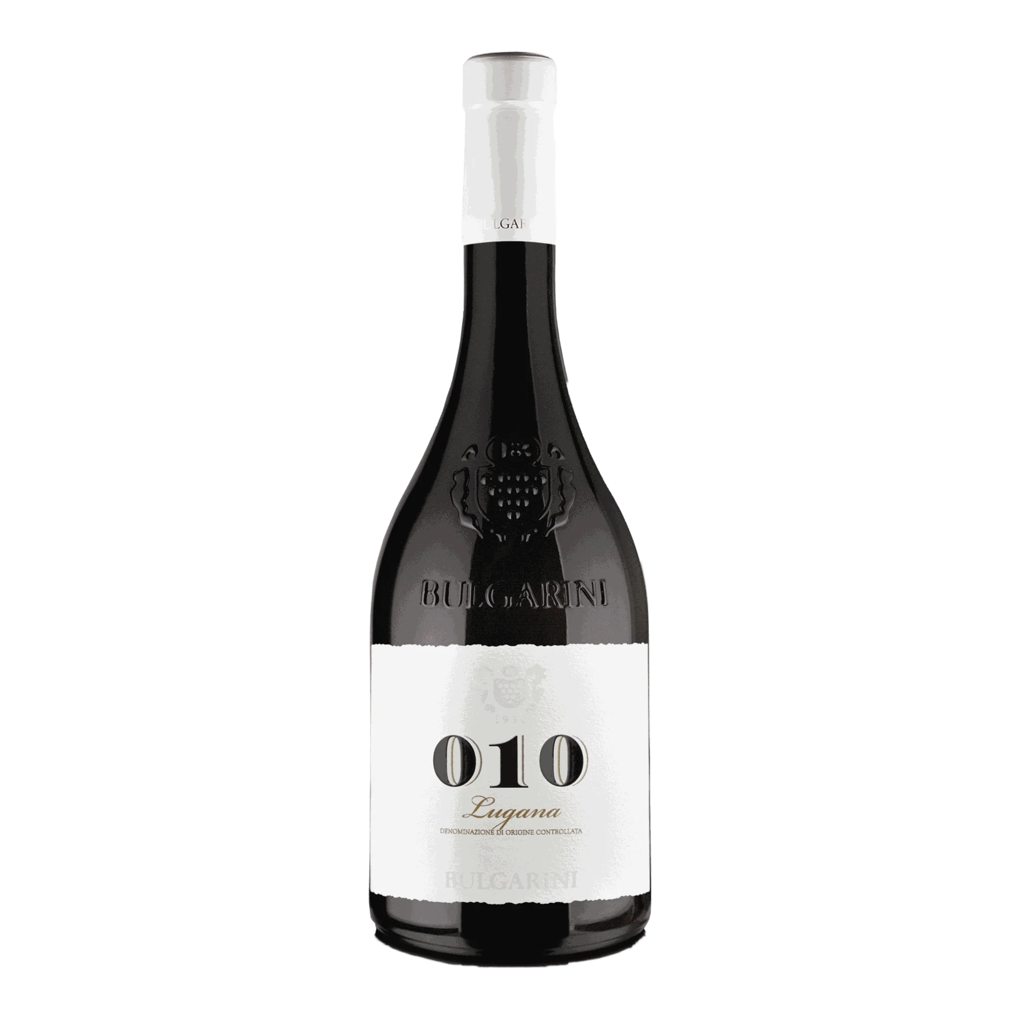 Weinflasche mit weißem Etikett von Bulgarini Lugana, Fausto Bulgarini 2023