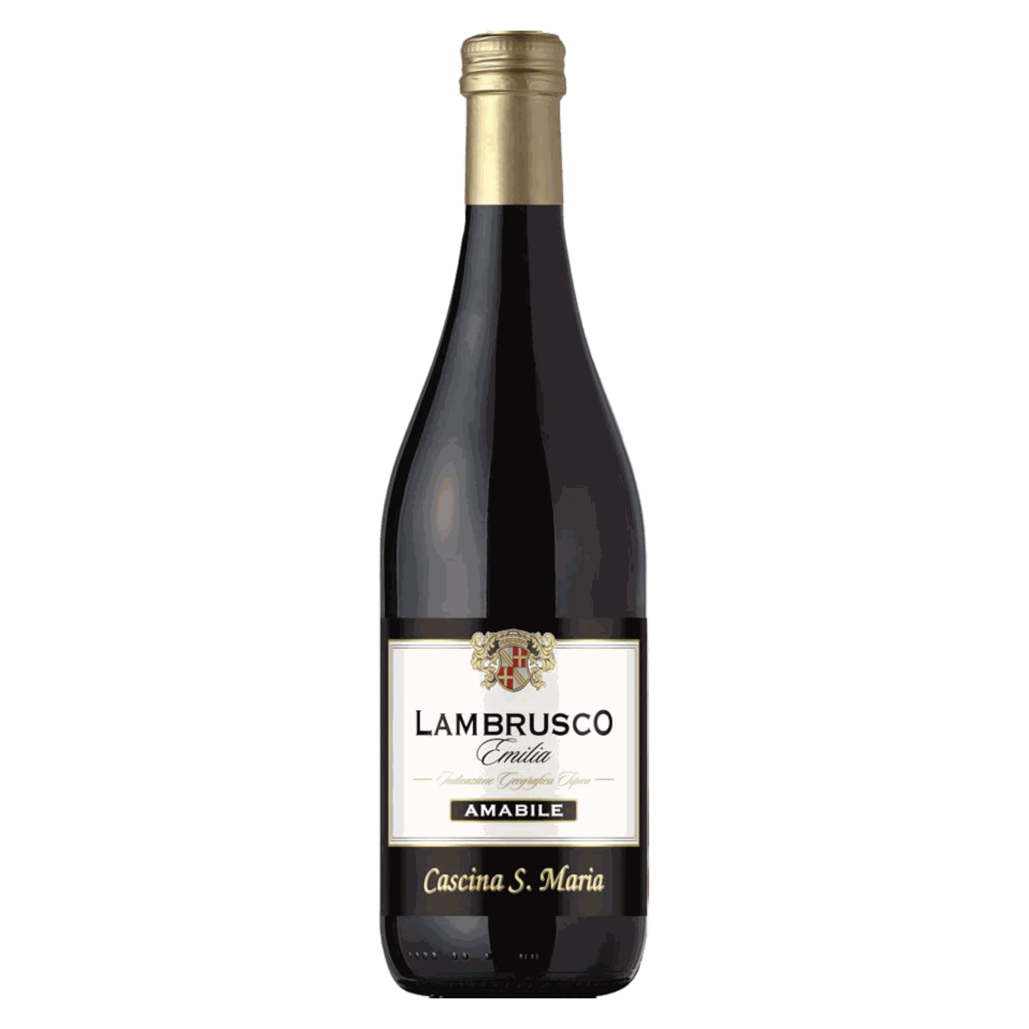Flasche Chiarli Lambrusco Amabile mit intensiver roter Farbe im Bild