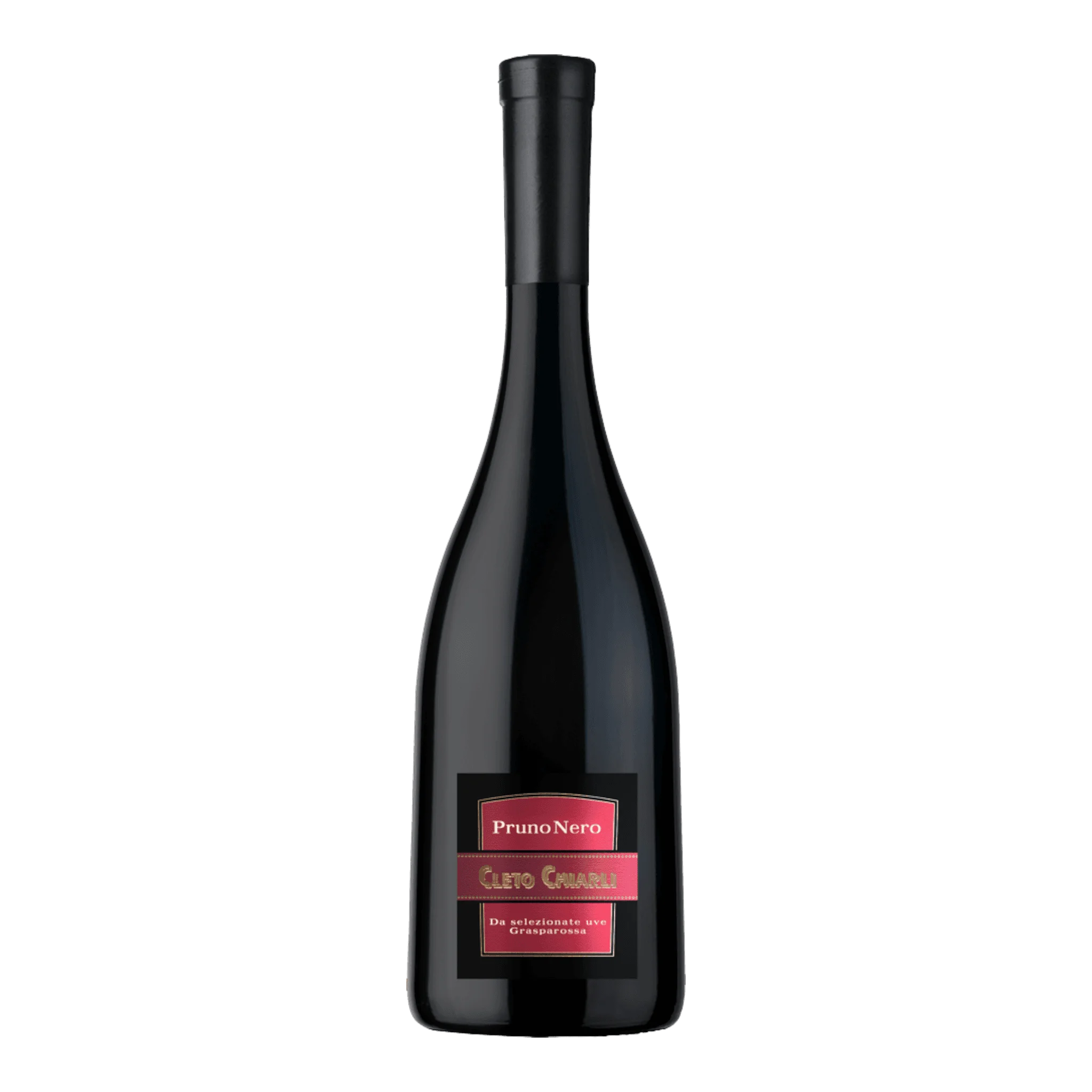 Dunkle Weinflasche mit Etikett von Chiarli Lambrusco Pruno Nero 2021 in intensiver roter Farbe