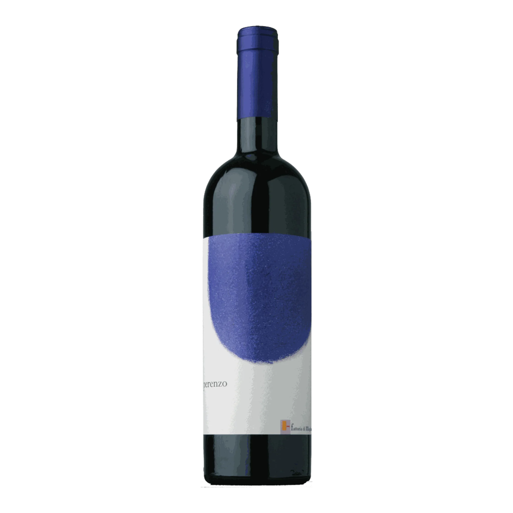 Dunkle Weinflasche mit blauem Etikett des Fattoria Magliano Syrah Perenzo Maremma Toscana