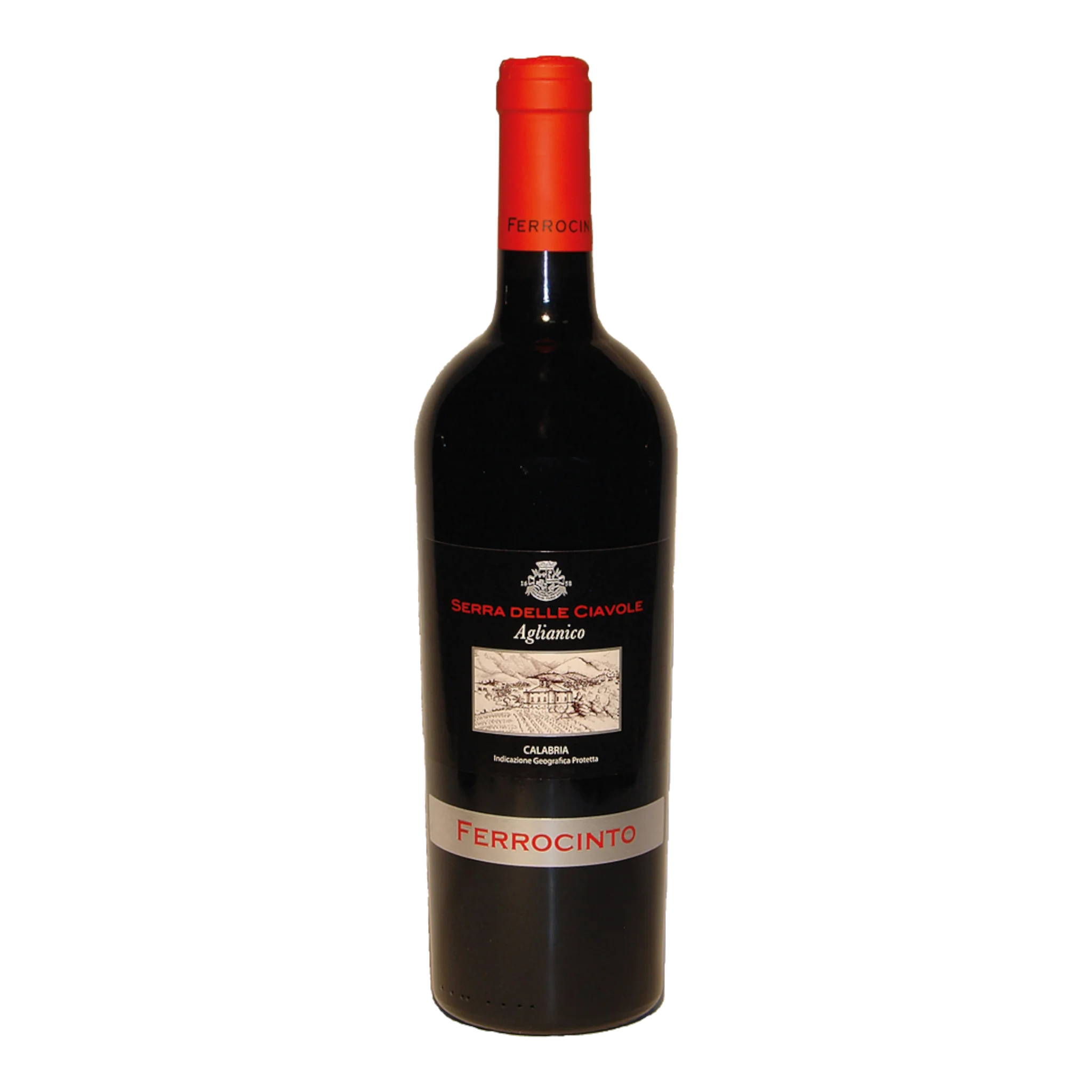 Rotweinflasche mit rotem Kapp, Ferrocinto Aglianico Serra Delle Ciavole 2014