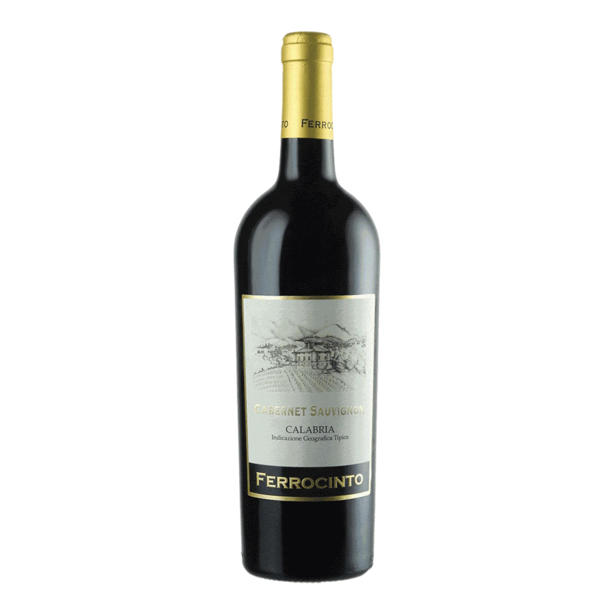 Rotweinflasche mit goldener Folie, Ferrocinto Cabernet Sauvignon Calabria 2021