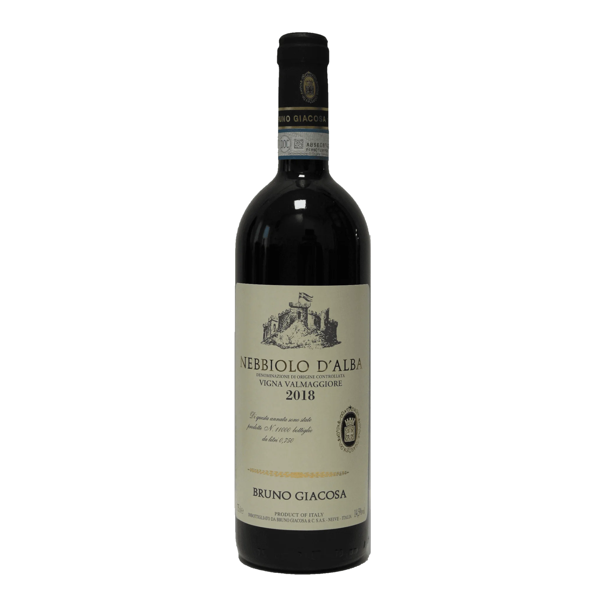 Giacosa-Bruno Nebbiolo D' Alba Vigna Valmaggiore 2018 wine bottle with label.