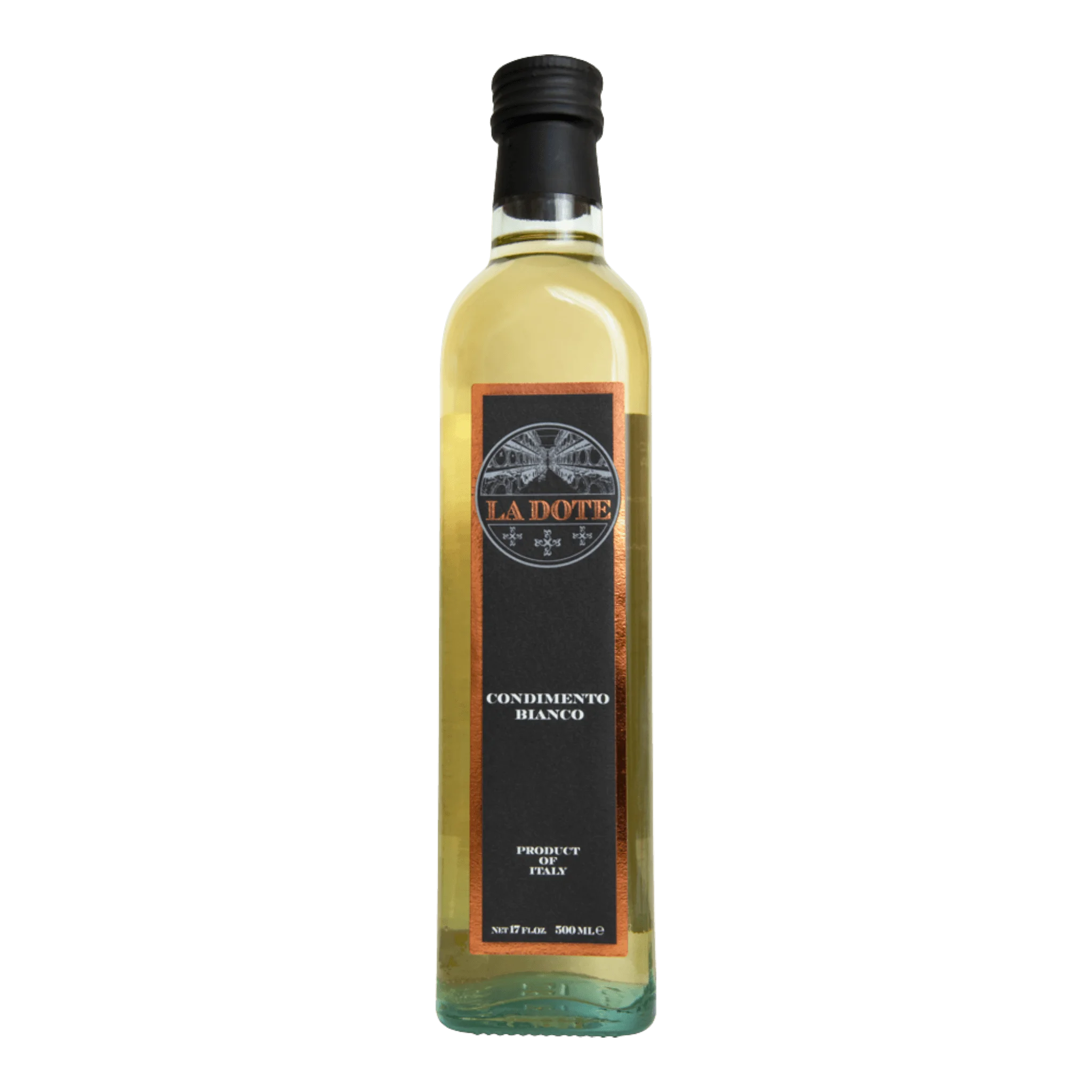 La Dote Aceto Condimento Bianco bottle with golden color and black label.