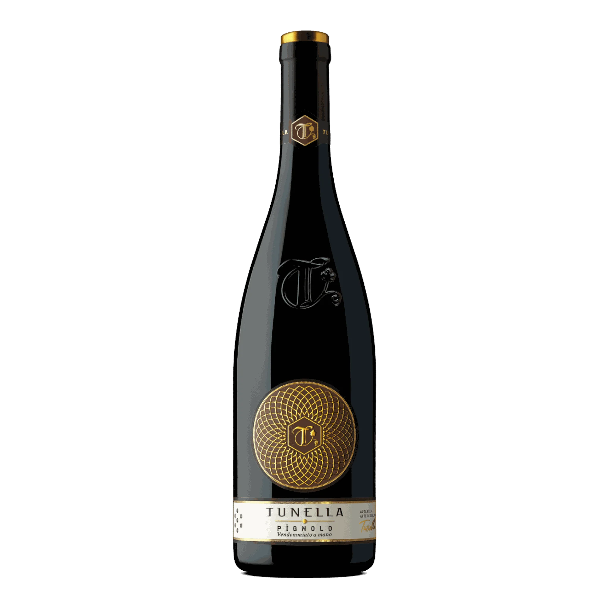Dunkle Weinflasche von La Tunella Pignolo 2017 mit granatroten Reflexen
