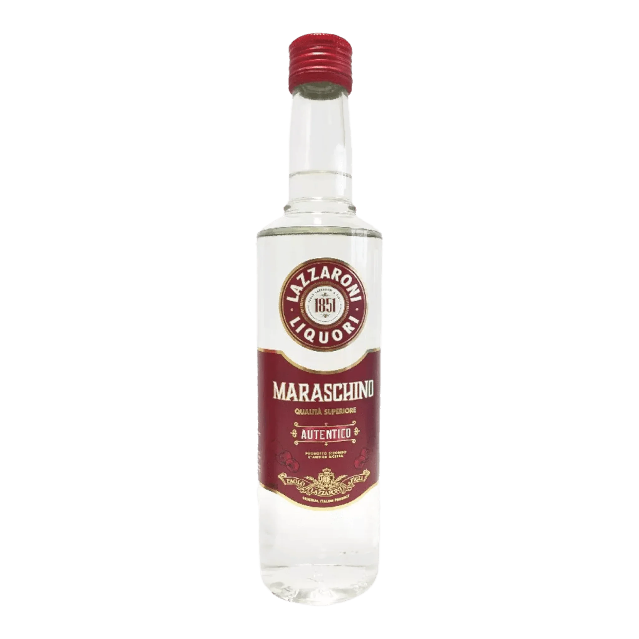 Flasche Lazzaroni Kirschlikör Maraschino mit rotem Deckel auf weißem Hintergrund
