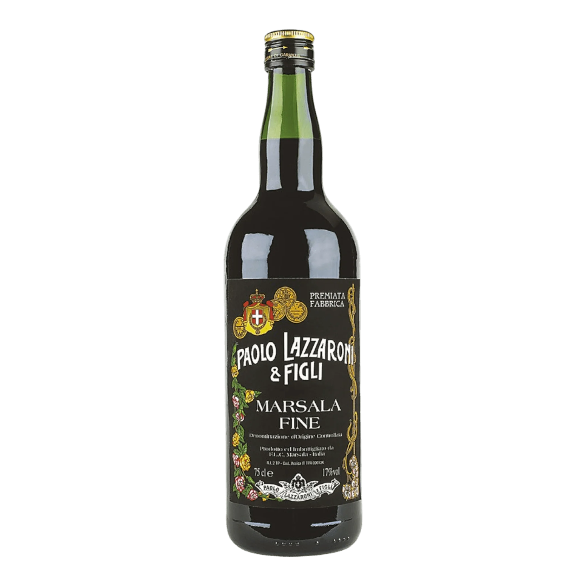 Lazzaroni Marsala DOC-Weinlikör, bernsteinfarben, intensives Aroma.