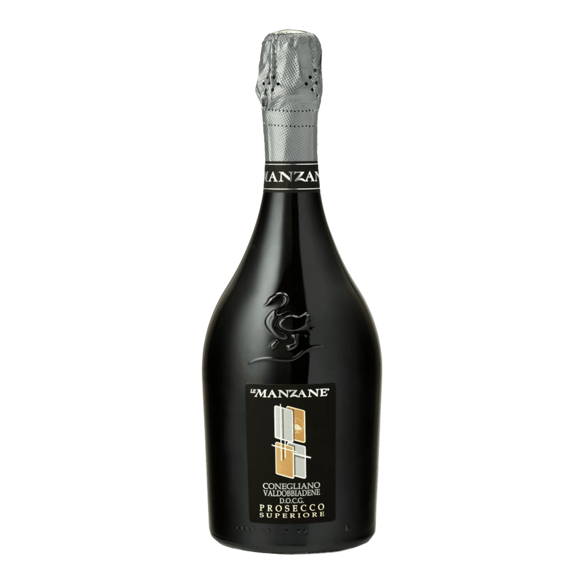 Schwarze Flasche von Manzane Prosecco Brut mit leuchtend goldener Farbe