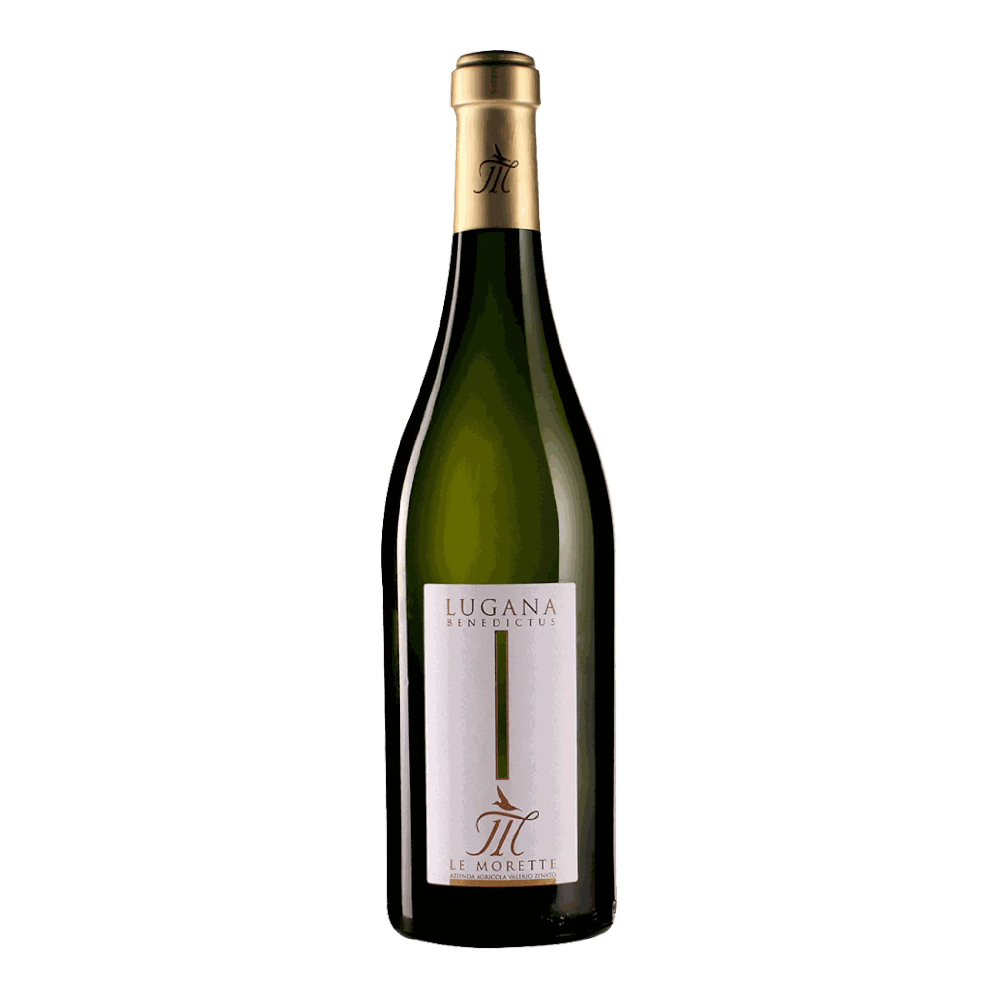 Grüne Weinflasche mit goldener Folie von Morette Lugana Benedictus 2022