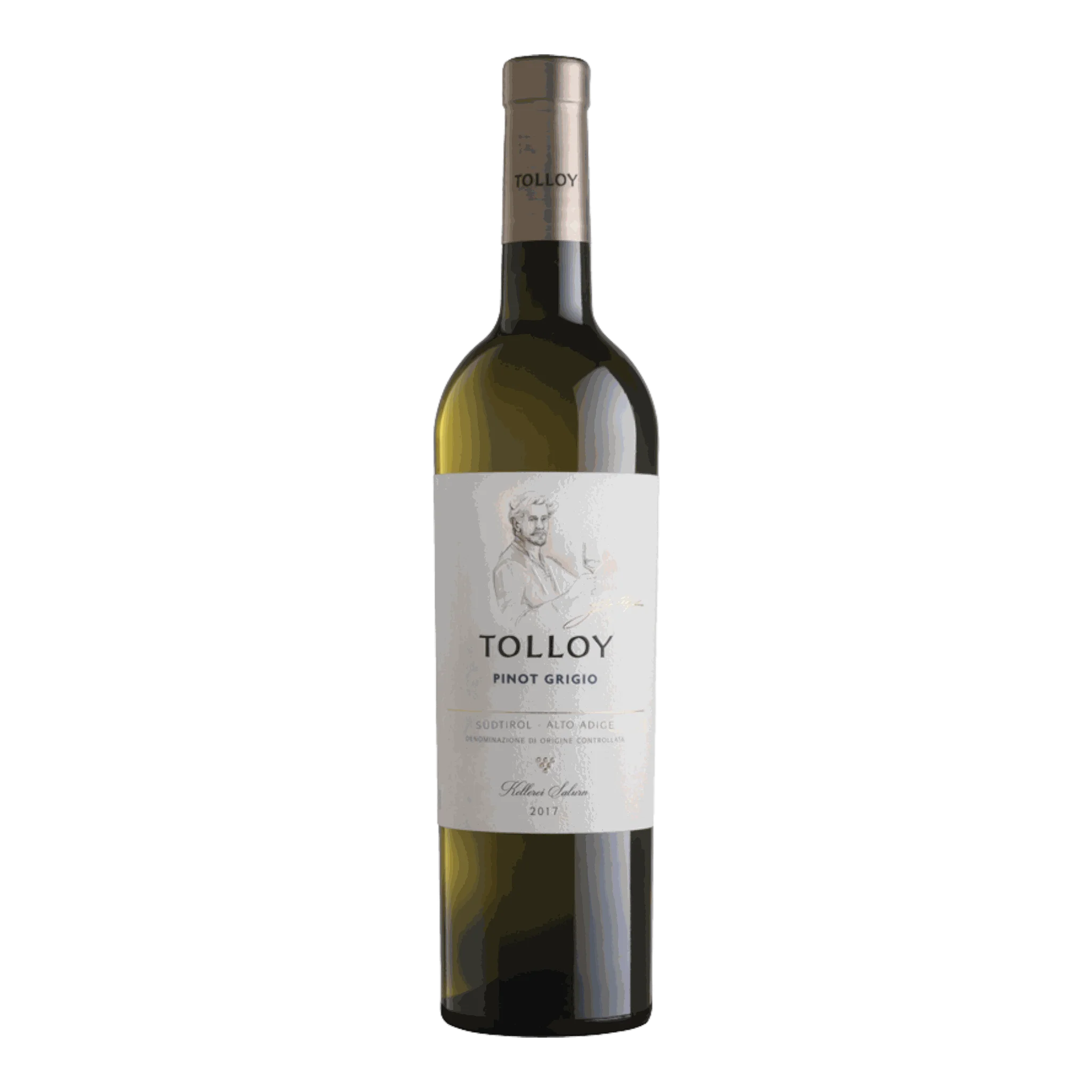 Flasche Mezzacorona Pinot Grigio Tolloy 2023 auf einem eleganten Hintergrund
