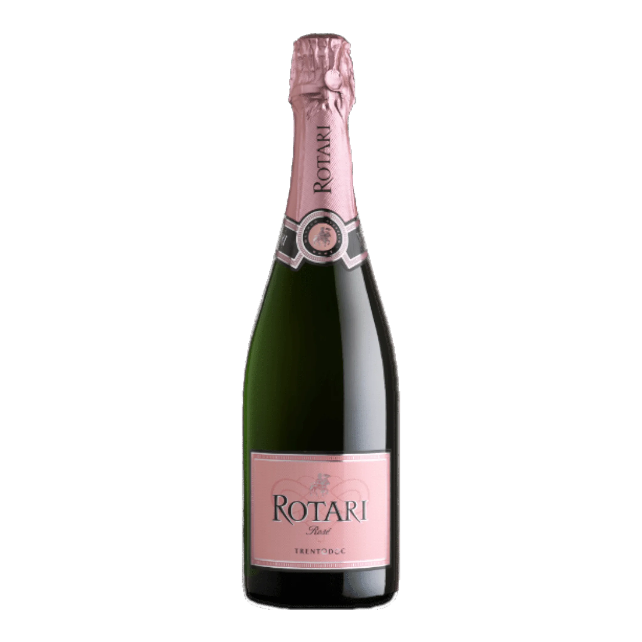 Mezzacorona Rotari Rosé Brut Flasche mit spritzigem Pinot Nero im Hintergrund