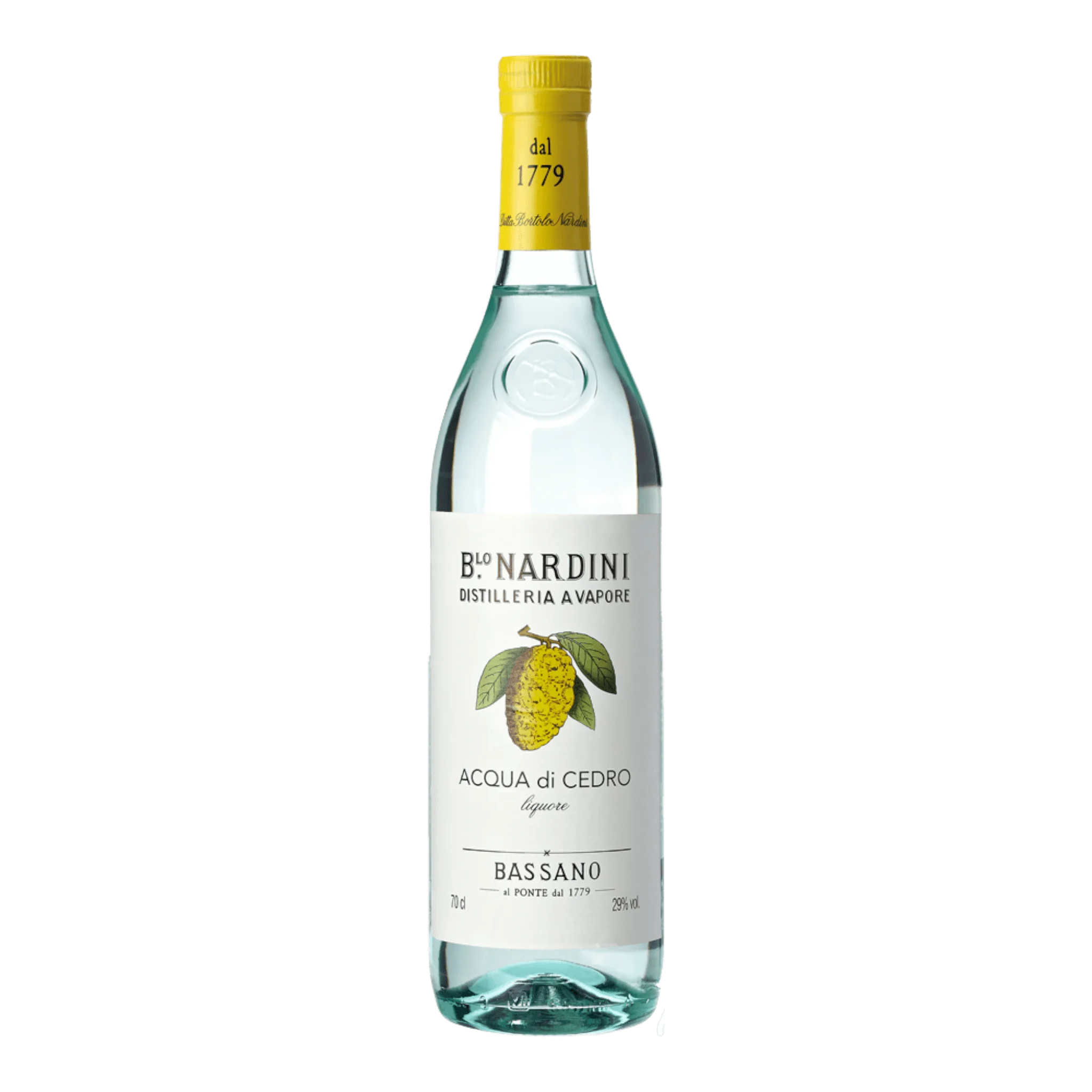 Klare Glasflasche von Nardini Zitronatzitronen Likör mit Acqua di Cedro