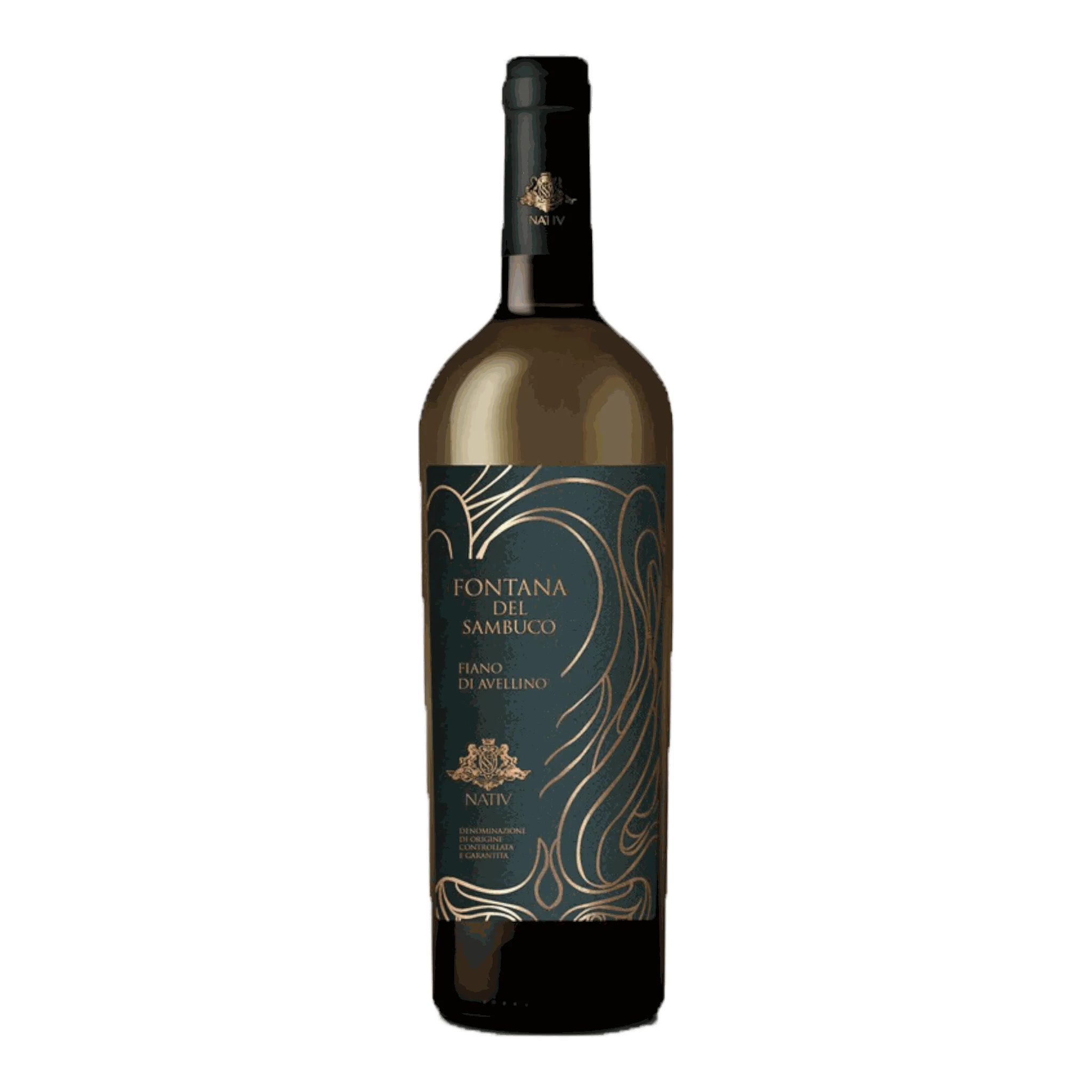 Weinflasche mit dekorativem Etikett für Nativ Fiano D’Avellino Fontana Del Sambuco 2019