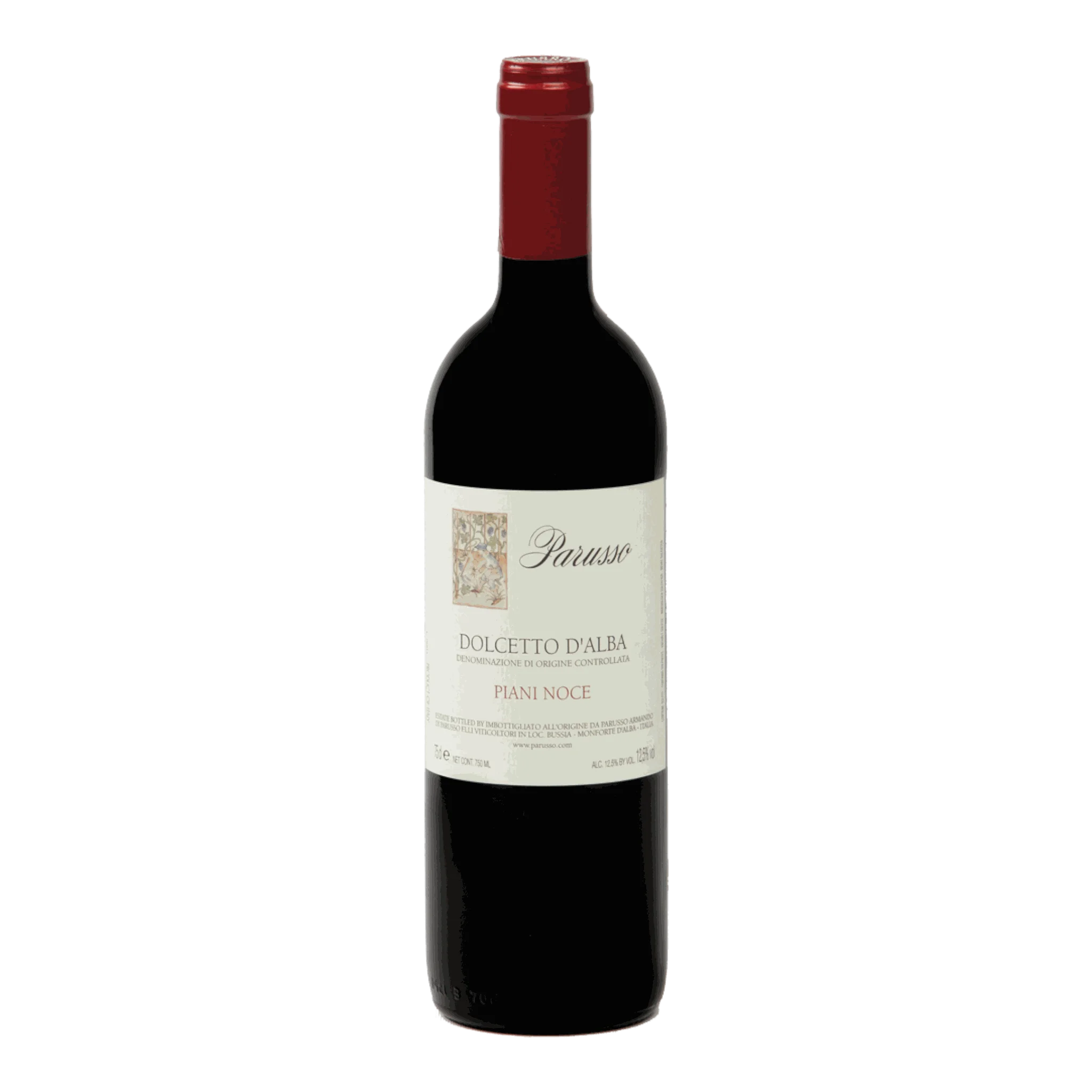 Rotweinflasche Parusso Dolcetto D’Alba Piani Noce 2020 in rubinroter Farbe