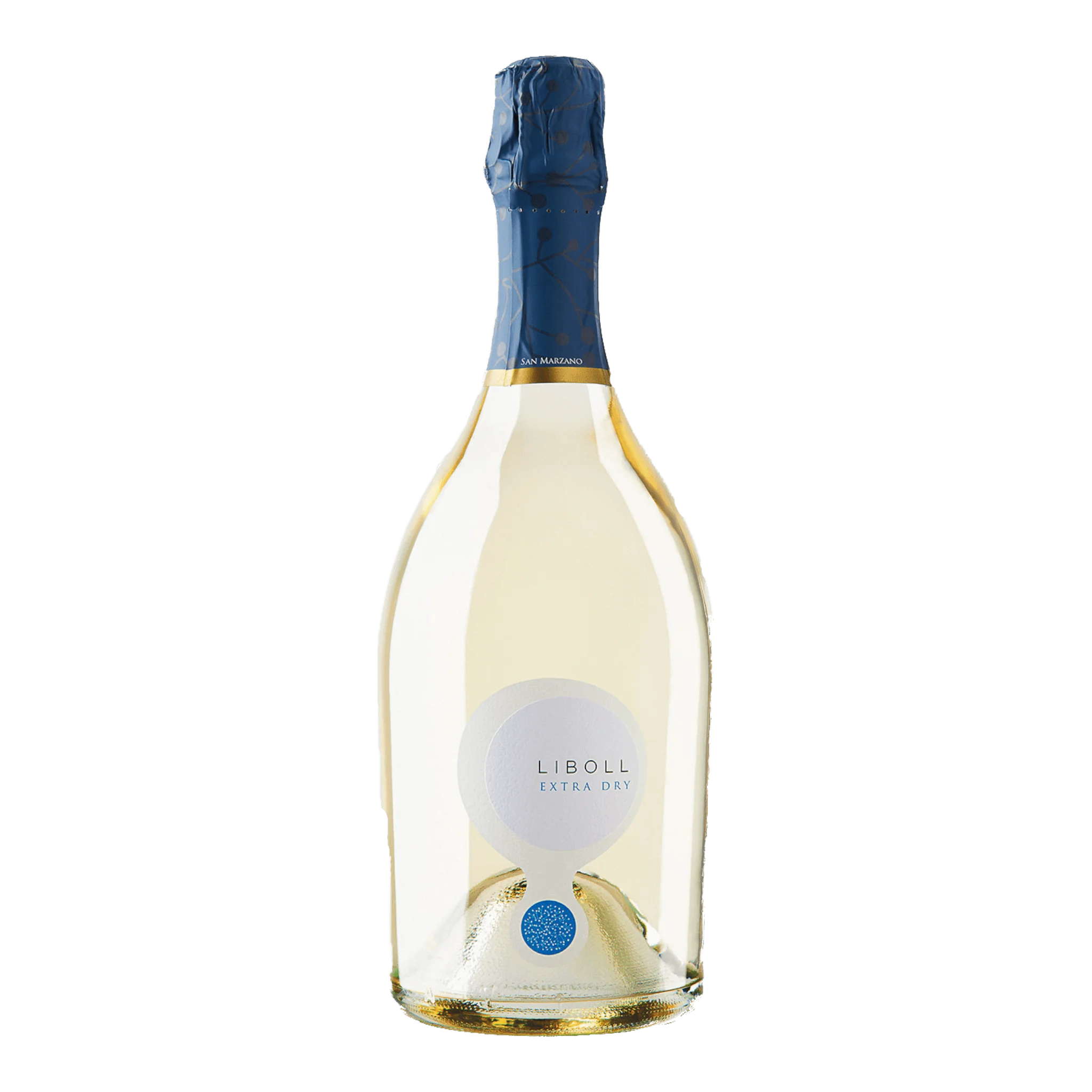 Flasche San Marzano Liboll Spumante Extra Dry mit blauer Folie in glänzender Präsentation