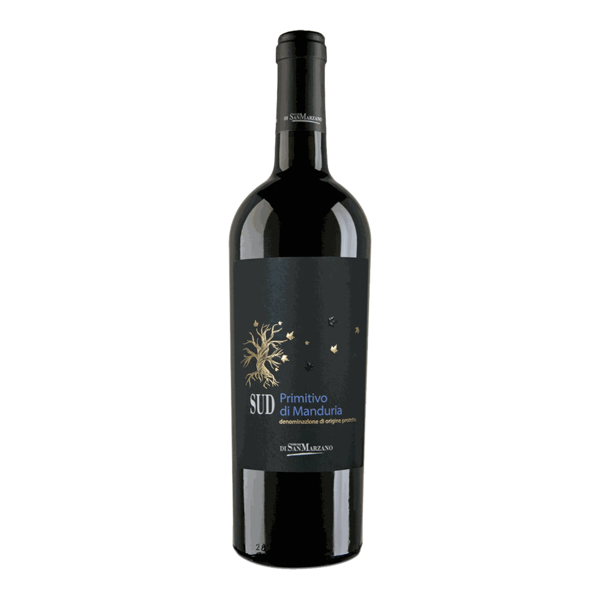 Dunkle Weinflasche des San Marzano Primitivo Manduria Süd Dop 2023 auf einem Tisch