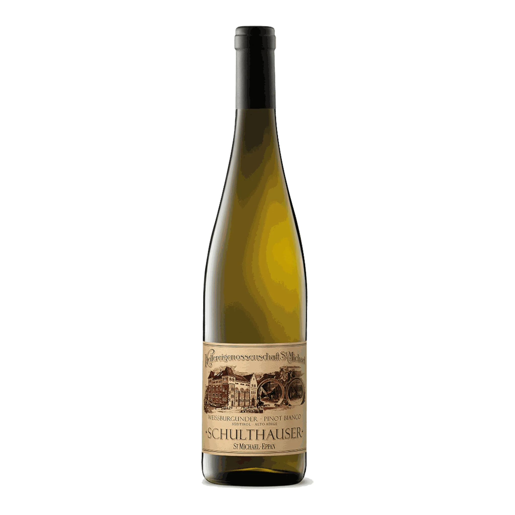 Flasche von Michael Eppan Pinot Bianco Schulthauser 2021 auf einem Tisch
