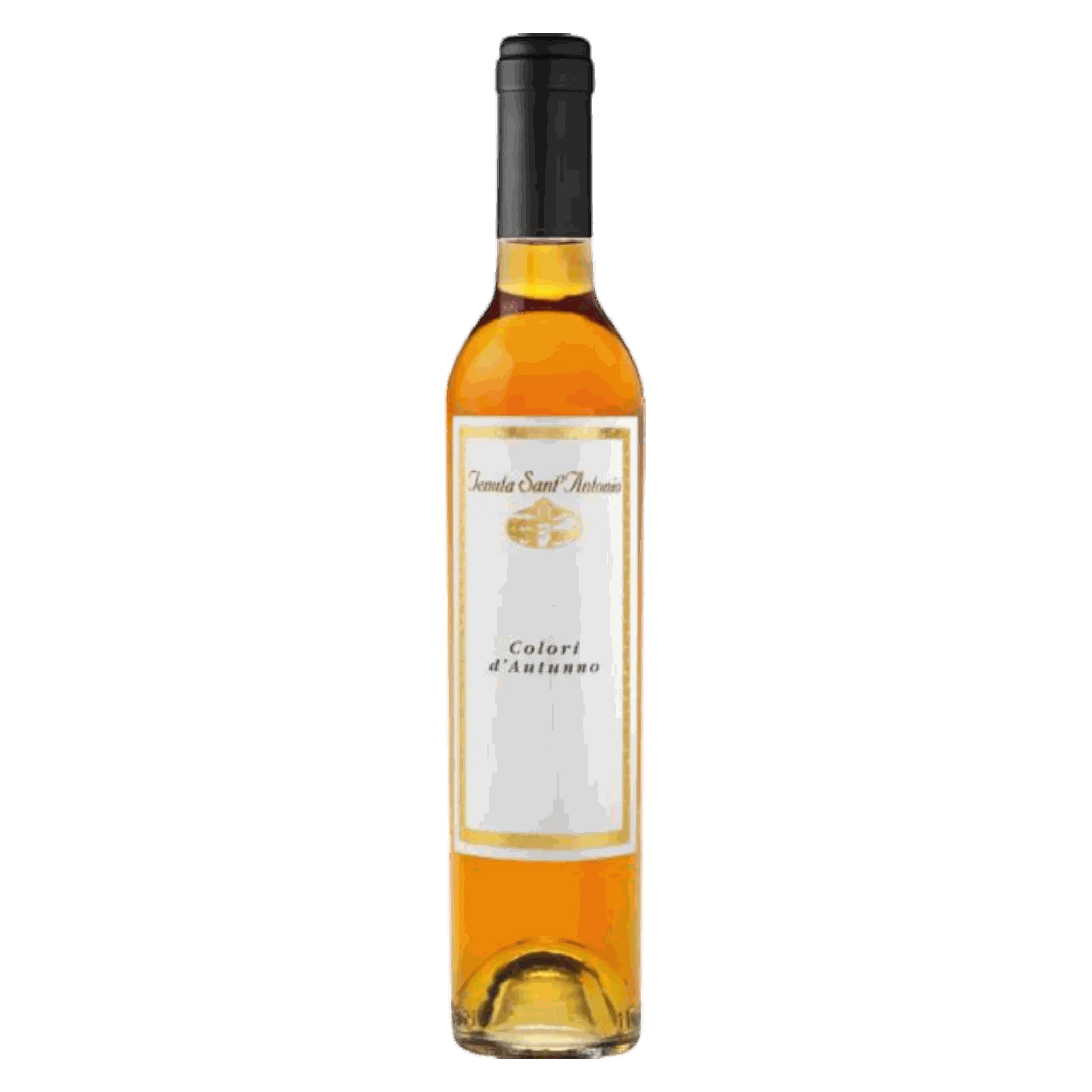 Amberfarbene Weinflasche mit schwarzem Deckel für Tenuta Sant’Antonio Passito Colori