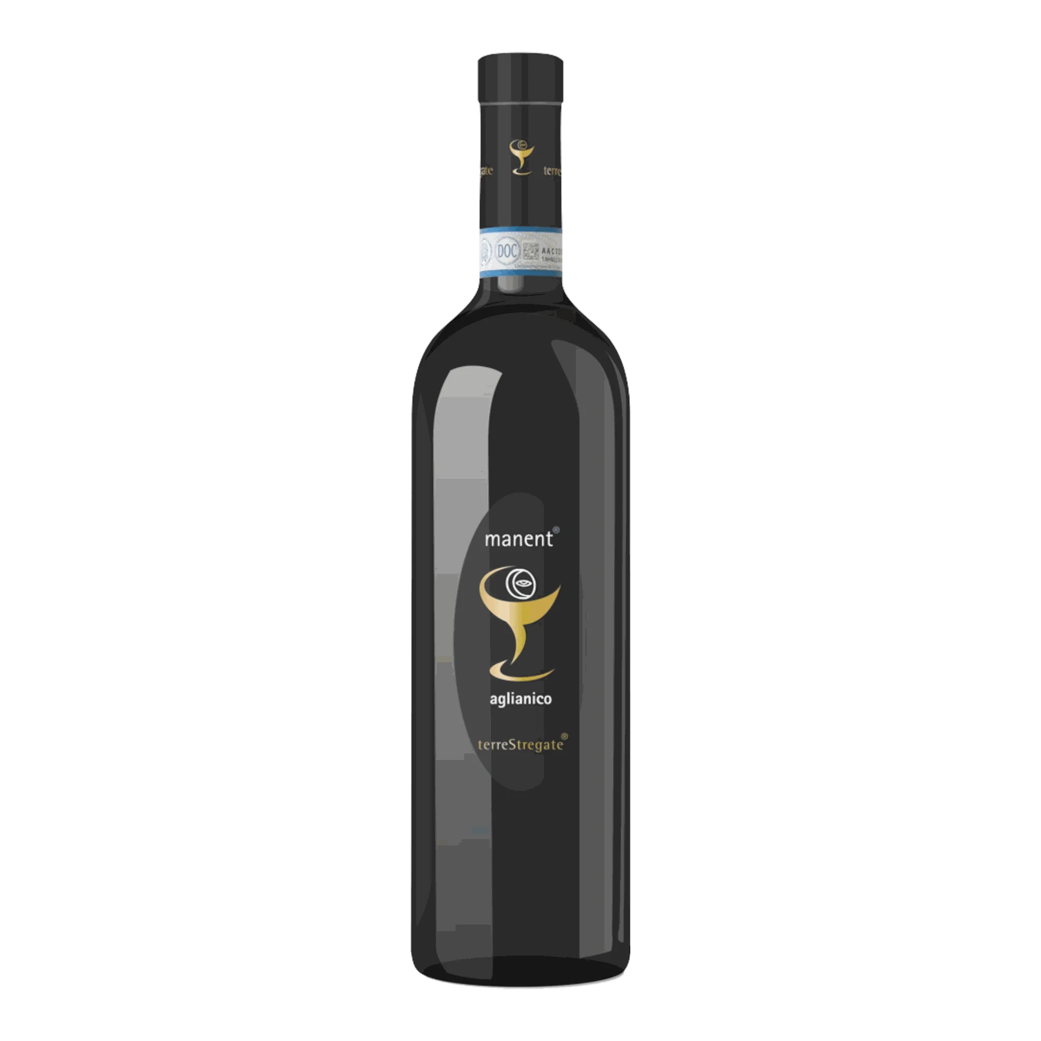 Dunkle Weinflasche von Terre Stregate Aglianico Dop Manent 2015 ausgestellt