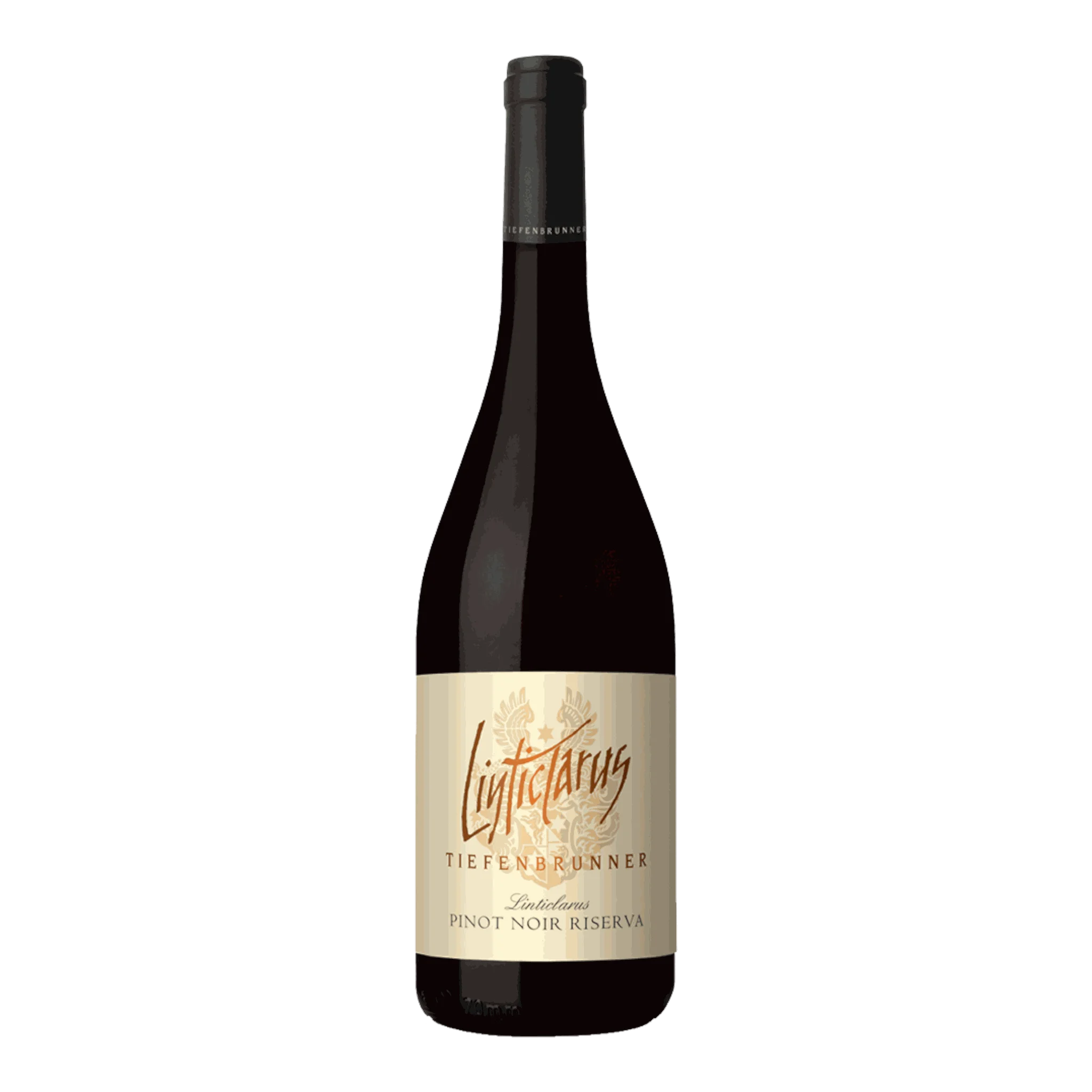 Flasche Tiefenbrunner Pinot Noir Riserva Linticlarus 2016 elegant präsentiert