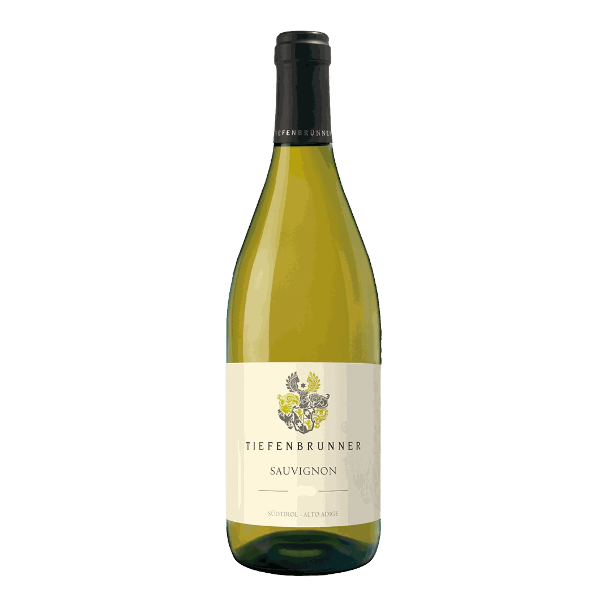 Flasche Tiefenbrunner Sauvignon 2023 in leuchtender gelber Farbe, eleganter harmonischer Wein