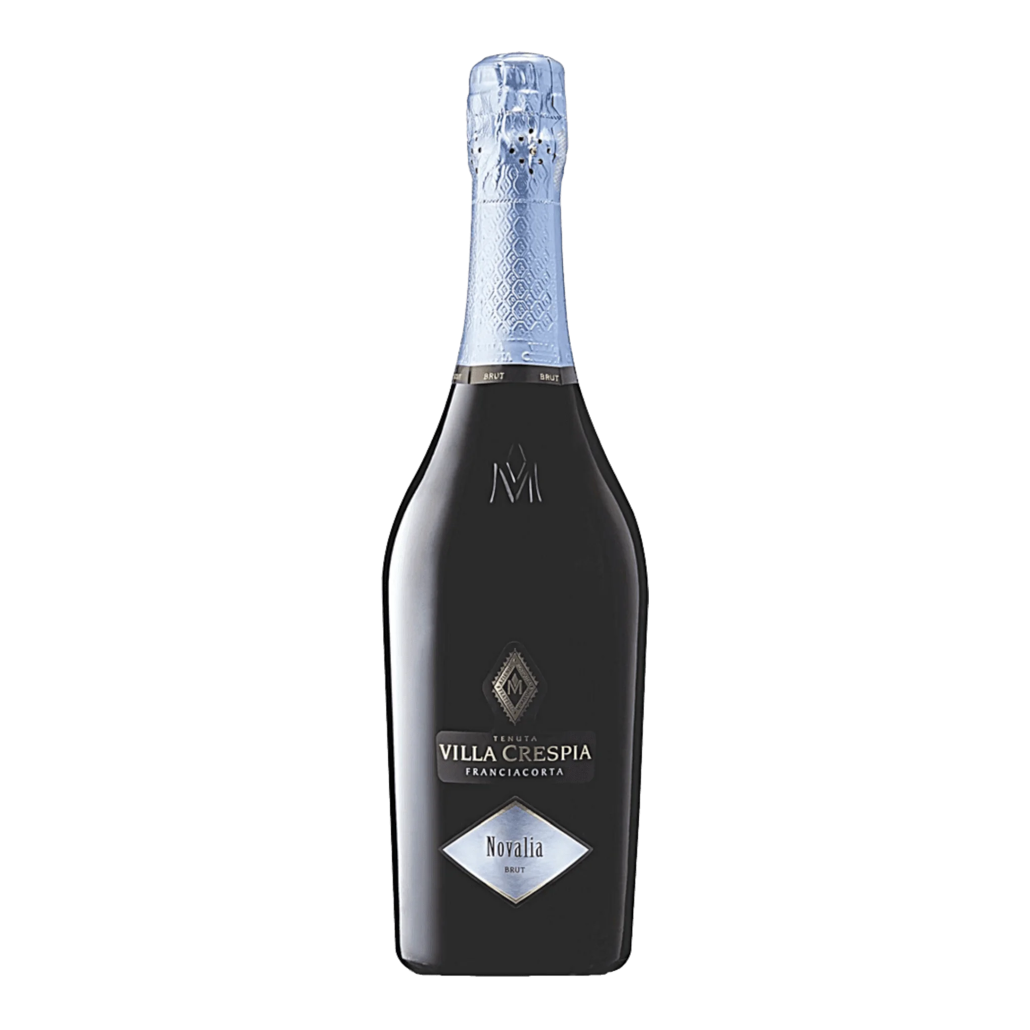 Dunkle Weinflasche mit Silberfolie von Villa Crespia Franciacorta Brut Novalia