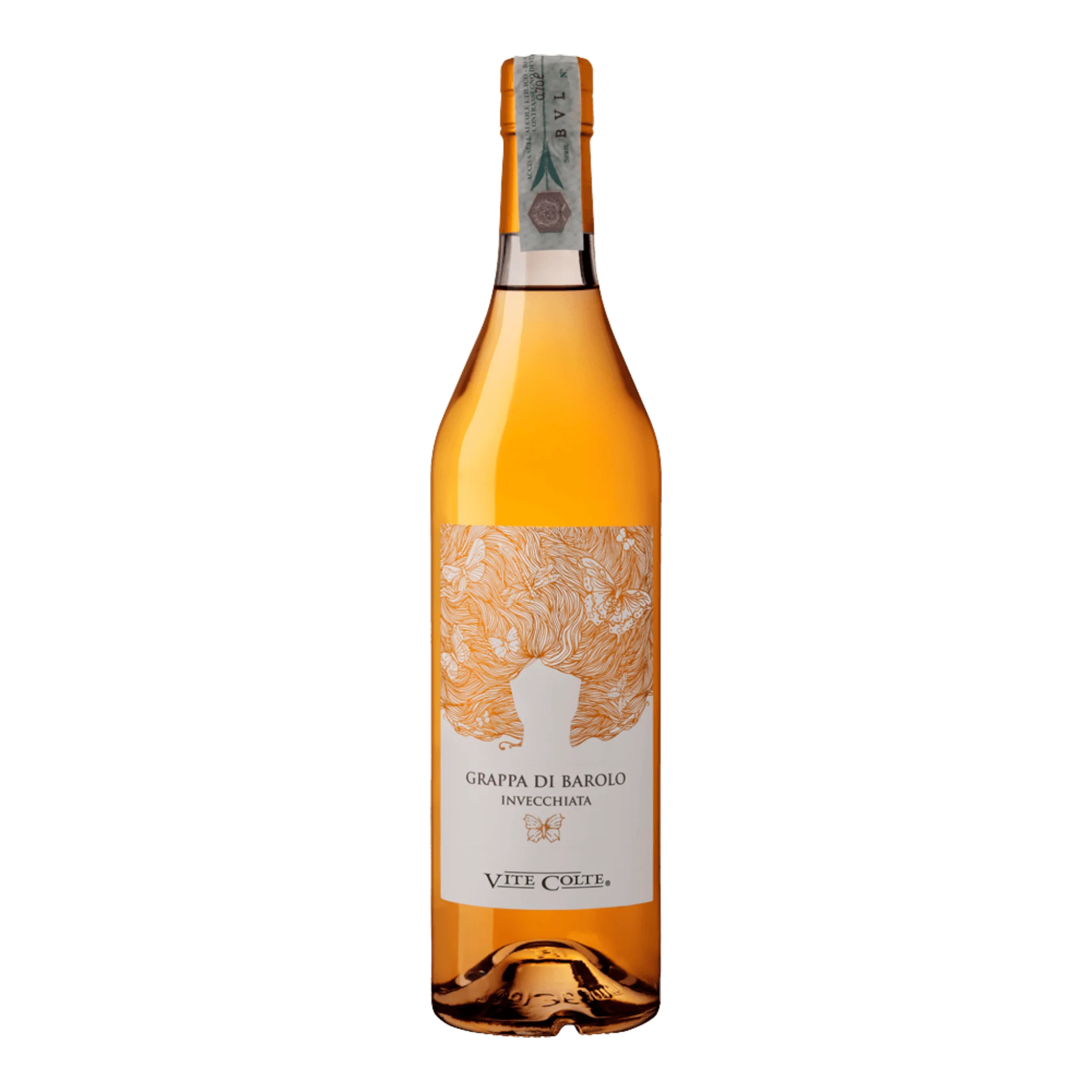 Amberfarbene Vite Colte Grappa Di Barolo Invecchiata Flasche im Fokus