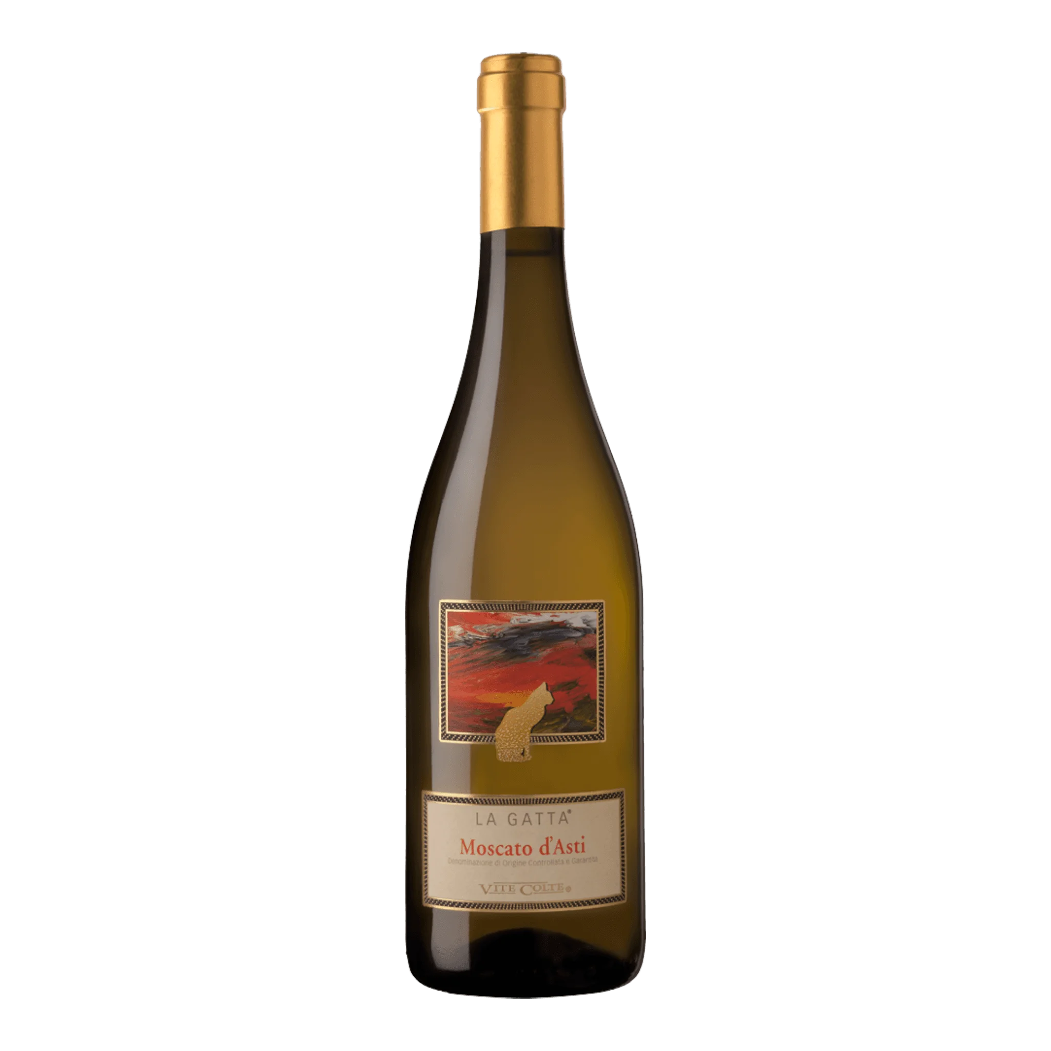 Flasche Vite Colte Moscato D’Asti La Gatta 2024 mit grünlichen Reflexen