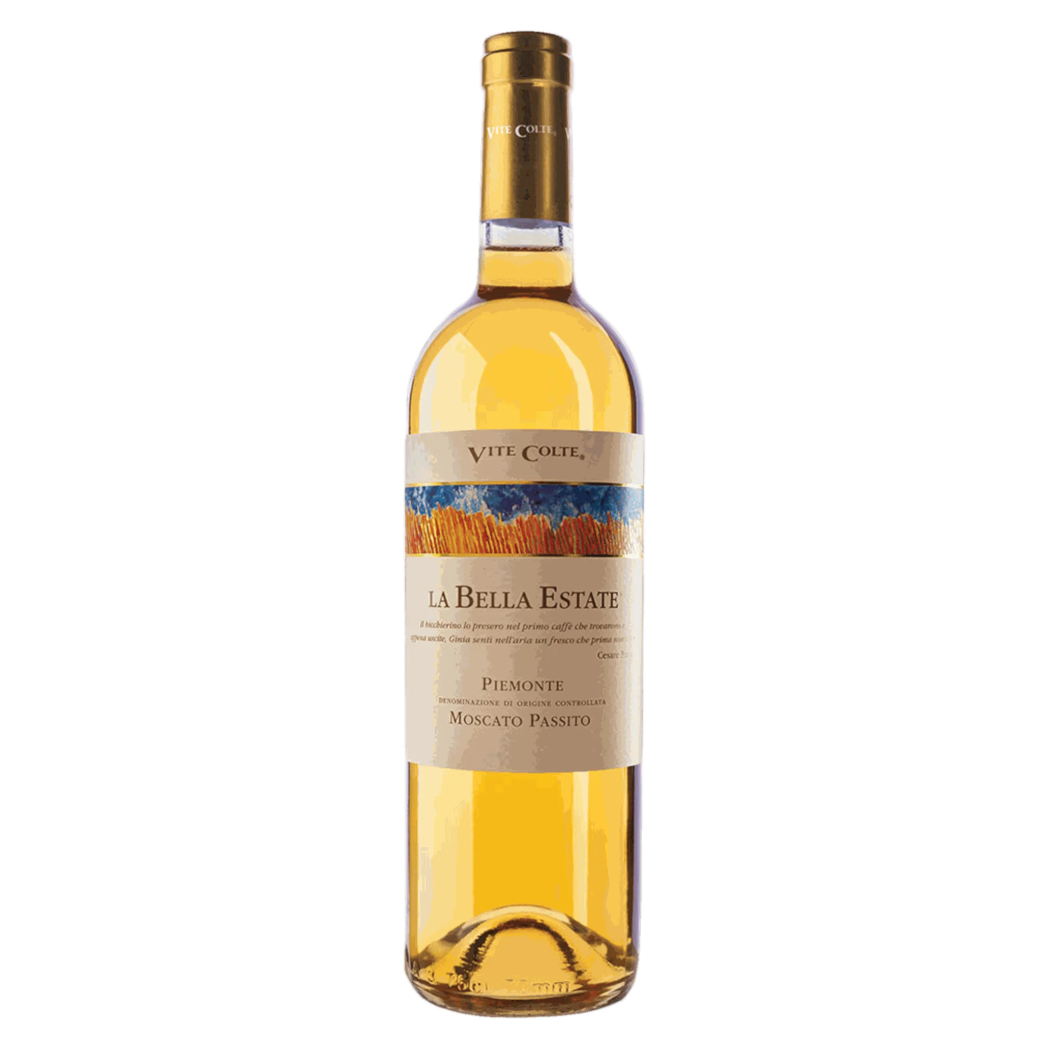 Flasche von Vite Colte Moscato Passito La Bella Estate 2021 mit goldener Farbe